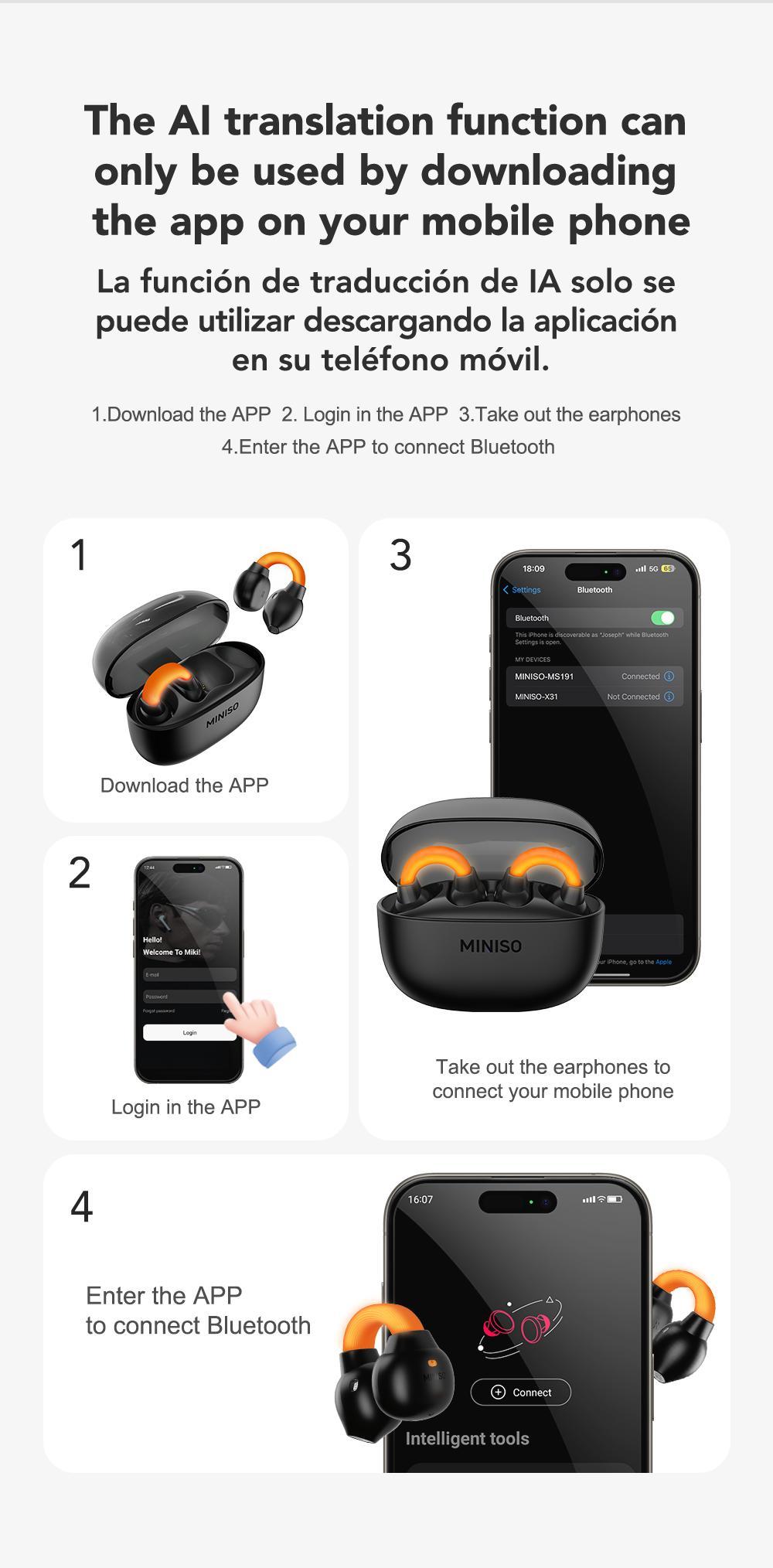 MINISO MS191 Wireless Bluetooth AI Language Translator Earbuds OWS Translation Headphones Support 134 Languages Accents Travel Translation Devices Smart Headsets