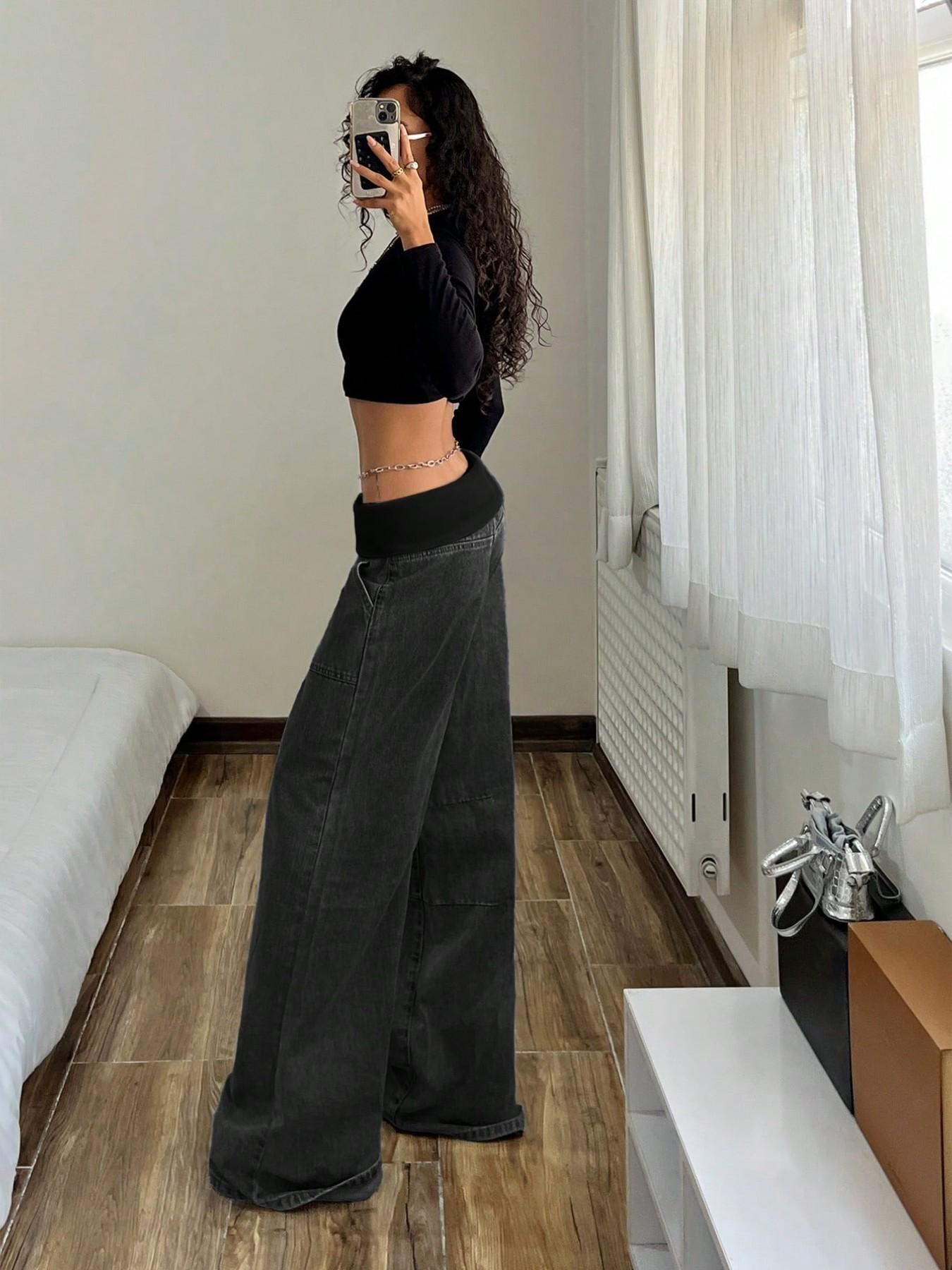 Women's Elastic Waist Oversize Loose Jeans, Four-Season Street Style Wide Leg Pants with Pockets, Casual Y2K Fashion for Outdoor Wear Bottoms, Streetwear