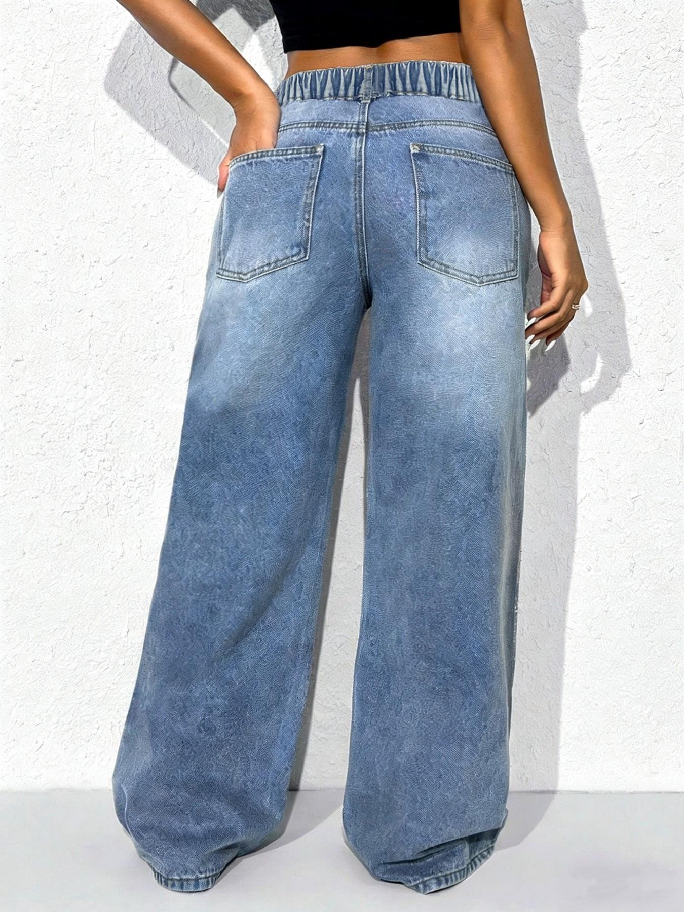 Women's Trendy Fashion Rhinestone Design New Elastic Comfortable Fitted Versatile Denim Jeans, Button, Pants, Elegant Style, All Seasons, Woven Fabric