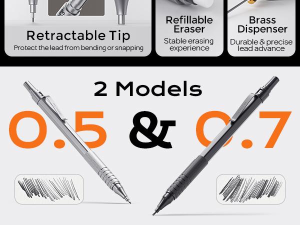 Nicpro Metal Mechanical Pencil Set 0.5 mm & 0.7mm with Case, Artist Pencil MP1000 with HB & 2B Lead Refill, Eraser, Eraser Refill For Art Writing Drafting Drawing, Black & Silver