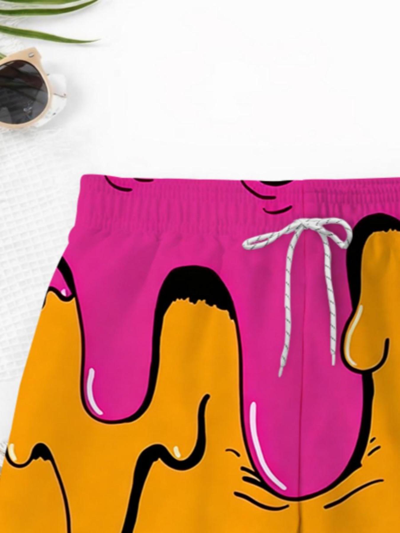 Summer Boys' Fun Melted Graffiti Print Drawstring Beach Pants, Casual Slim-Fit Short Swim Trunks, Trendy Coastal Vacation Wear