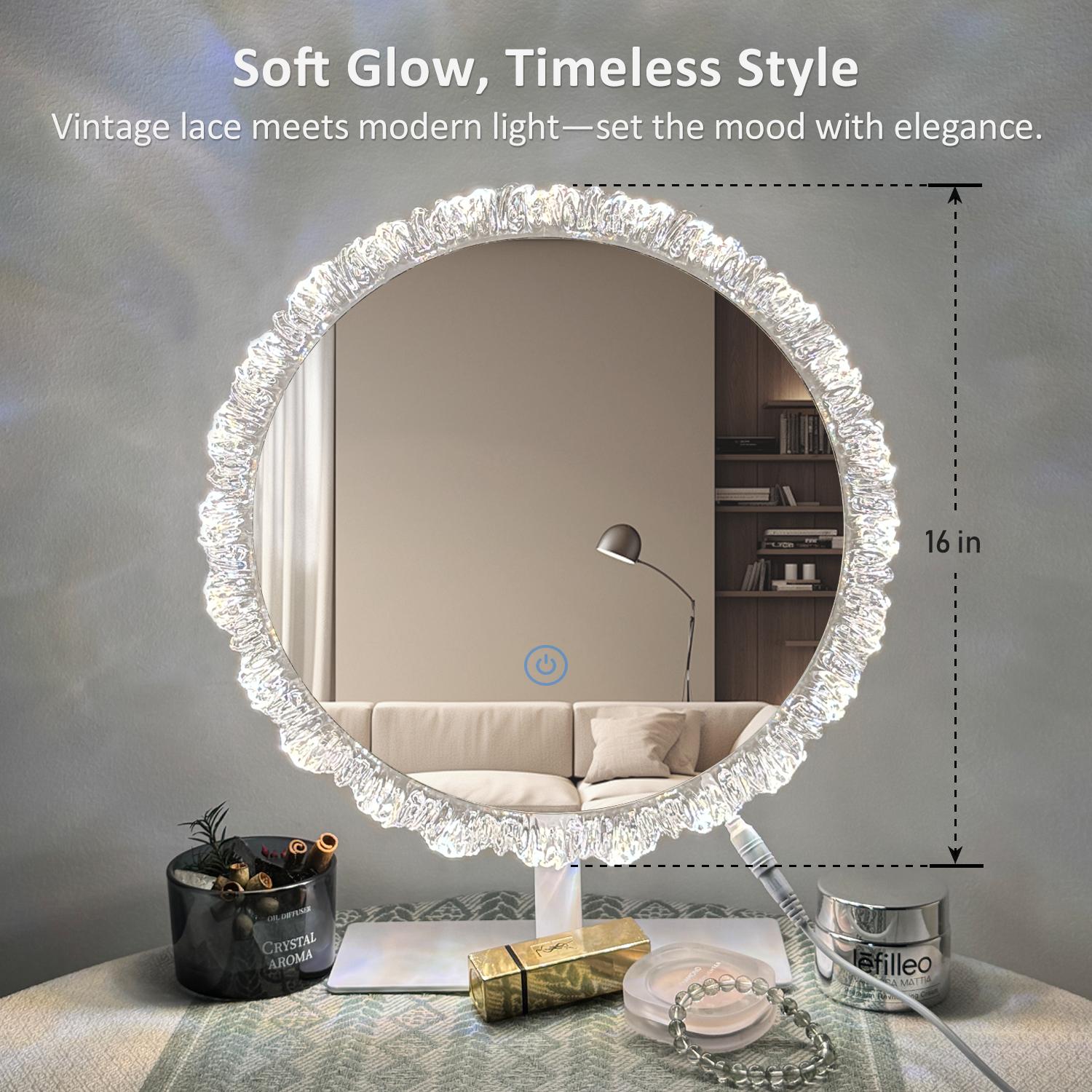 GALENTAL Elegant Iceberg Vanity Mirror with Light, Crystal LED Makeup Mirror with Dimmable 3 CCT, Touch Screen Control, Adjustable Desktop Makeup Mirror for Bathroom, Living Room, Bedroom, Best Gifts - HD Reflection