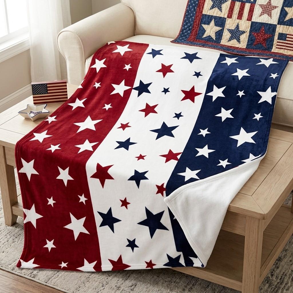 Star Pattern American Flag Themed Blanket, Soft Comfortable Throw Blanket, Cool Bedroom Bedding Blankets for Home Office Travel Dormitory Camping