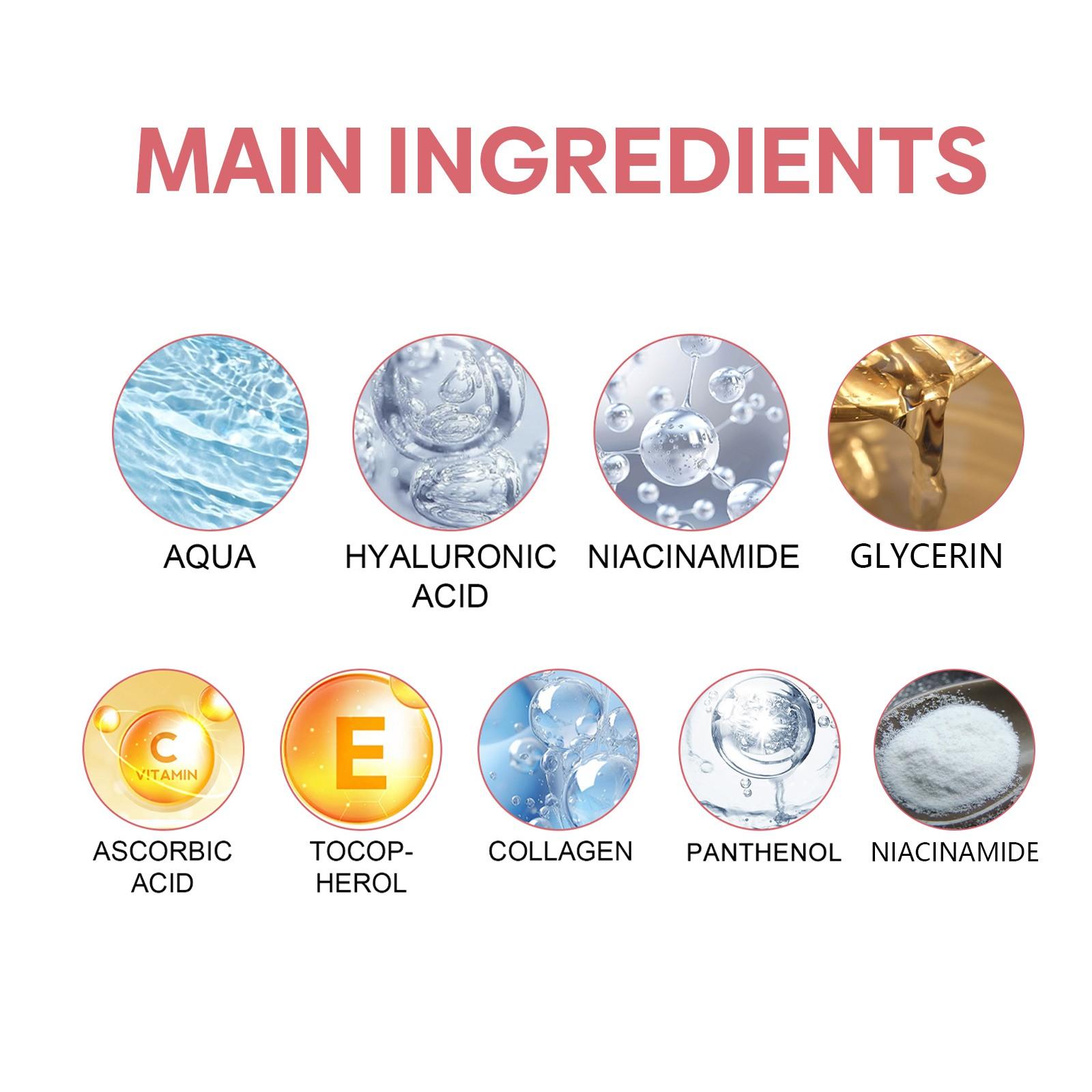 All-in-One 5-in-1 Hydrating Facial Essence, containing collagen, hyaluronic acid, niacinamide, vitamin C and E, suitable for all skin types, fragrance-free facial care.