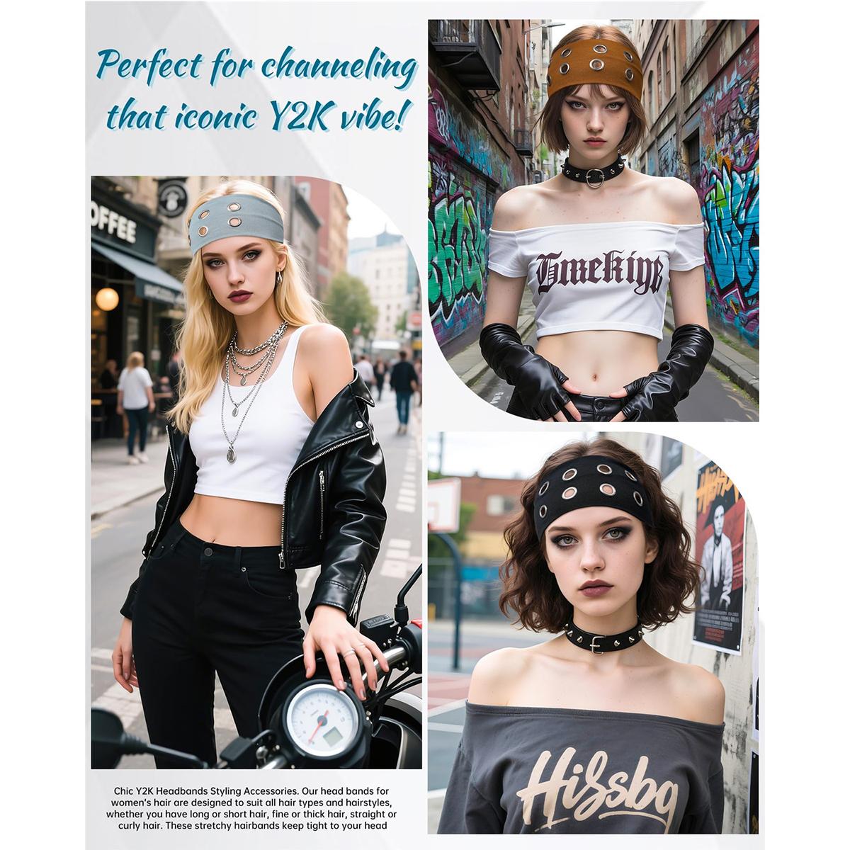 AWAYTR Fashion Grommet Wide Headbands for Women Hollow Out Elastic Head Bands Y2k Girls Punk Grunge Stretchy Hair band Hair Accessories AWAYTR Fashion Grommet Wide Headbands for Women Hollow Out Elastic Head Bands Y2k Girls Punk Grunge Stretchy Hair band Hair Accessories