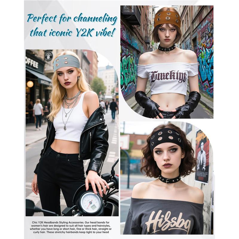 AWAYTR Fashion Grommet Wide Headbands for Women Hollow Out Elastic Head Bands Y2k Girls Punk Grunge Stretchy Hair band Hair Accessories