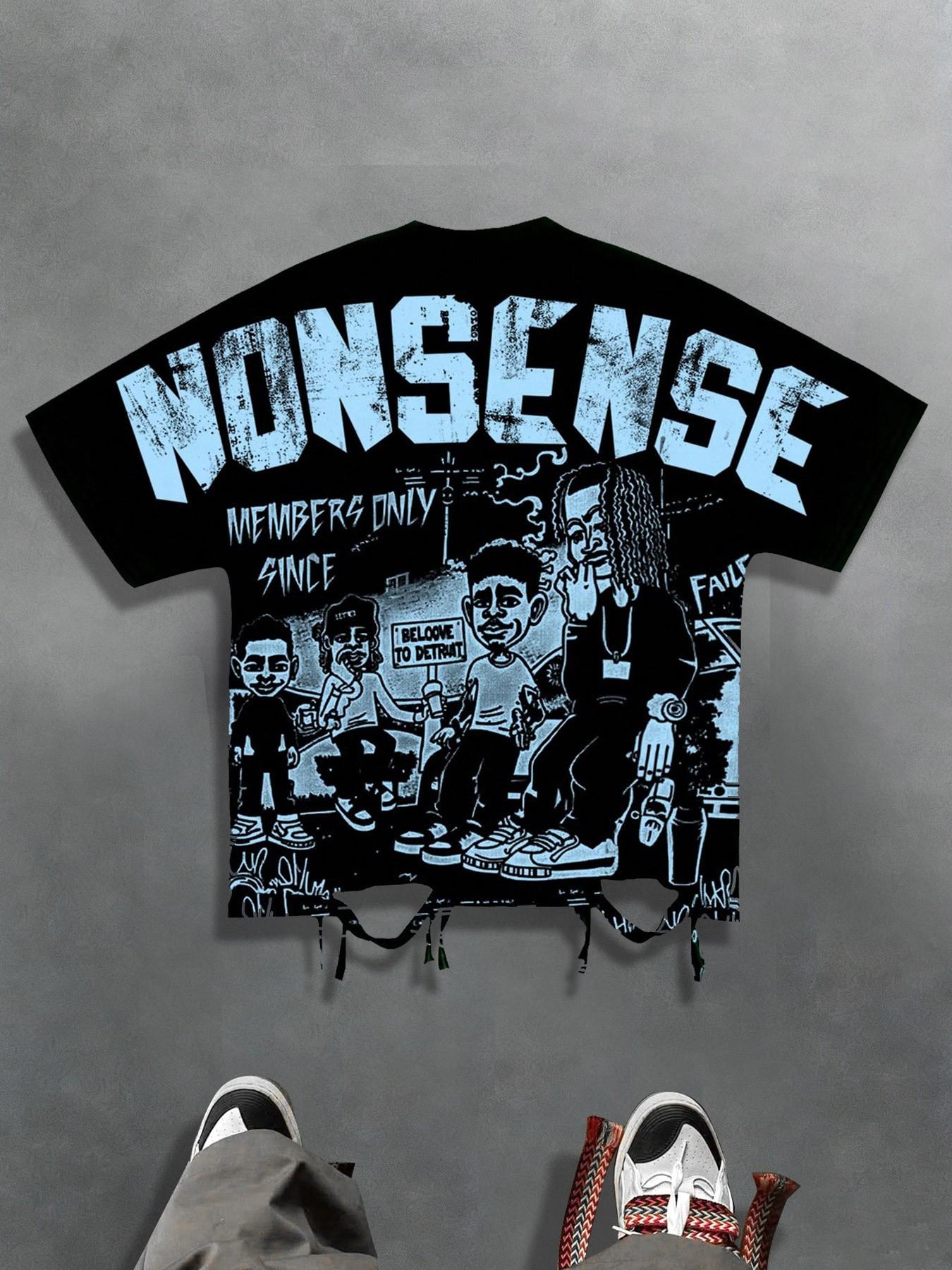 Cartoon line art Y2K style batwing sleeve T-shirt with loose fit, streetwear hip-hop portrait character print loose shirt unisex, European and American party club casual wear geometric aesthetic short sleeve