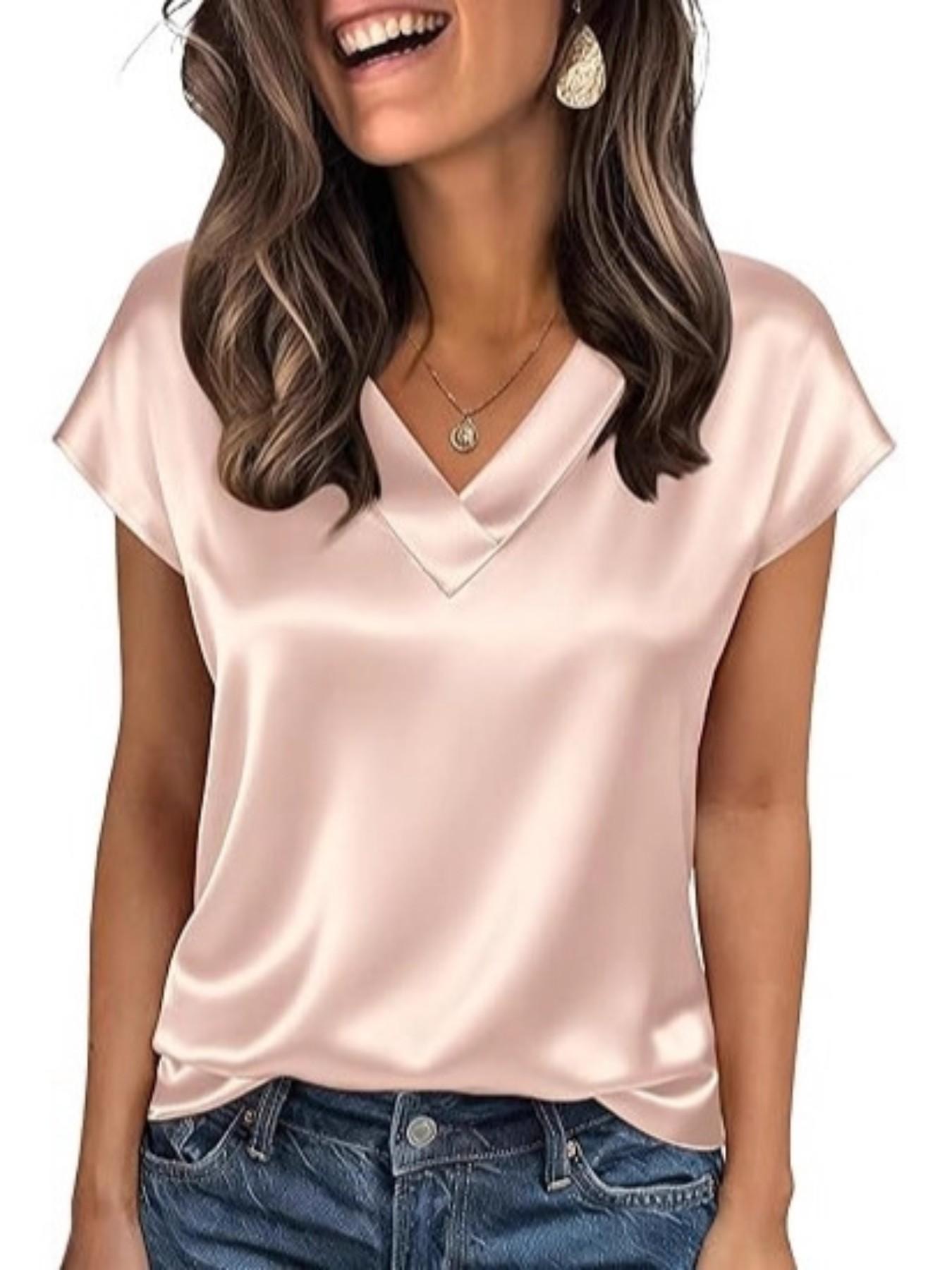 2026 Women Silk Satin Smooth Tops Cap Short Sleeve Blouse V Neck Shirts Business Casual Loose Elegance Outfits hot