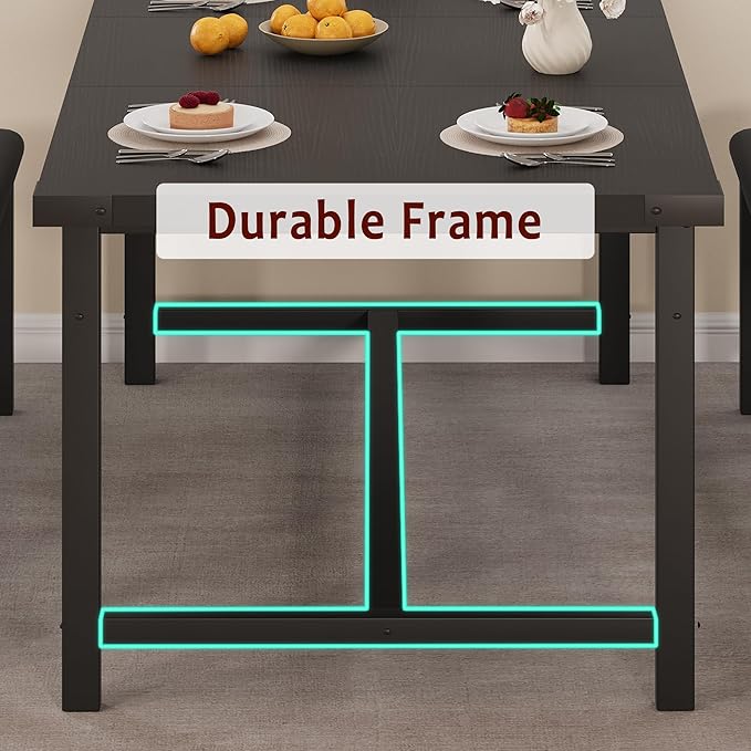 Dining Table Set for 4-6, 63" Extendable Dining Room Table Set With 2 Upholstered Benches, 3 Piece Large Rectangle Kitchen Table Set With Metal Frame for Apartment, Saving Space