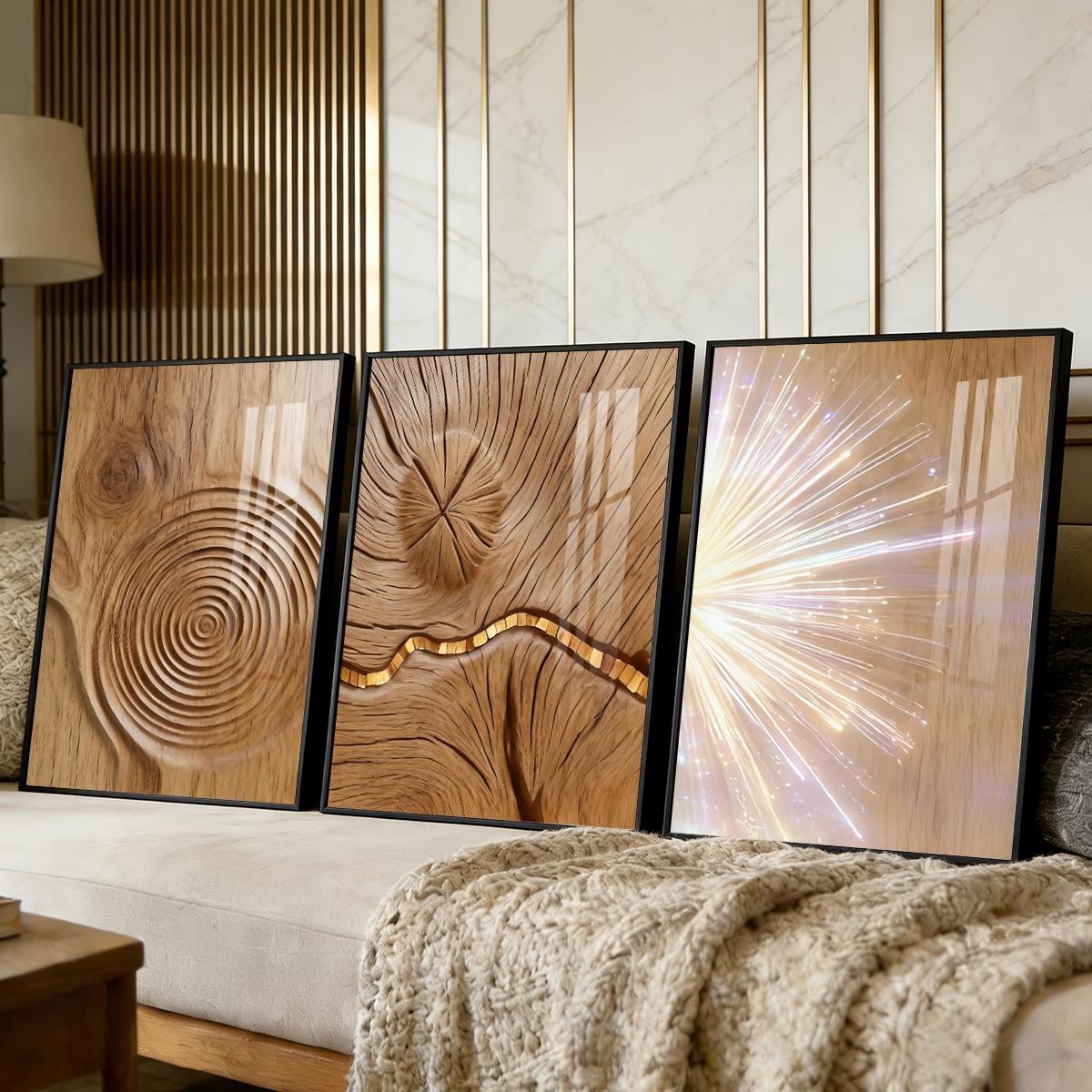 3 Counts Aluminum Alloy Framed Painting, Abstract Wood Texture And Light Burst Pictures, Home Decoration For Living Room, Bedroom, Office, Restaurant, Hallway Wall Decor, Odorless Print Artwork, Luxury Perfect Gift For Friends And Family