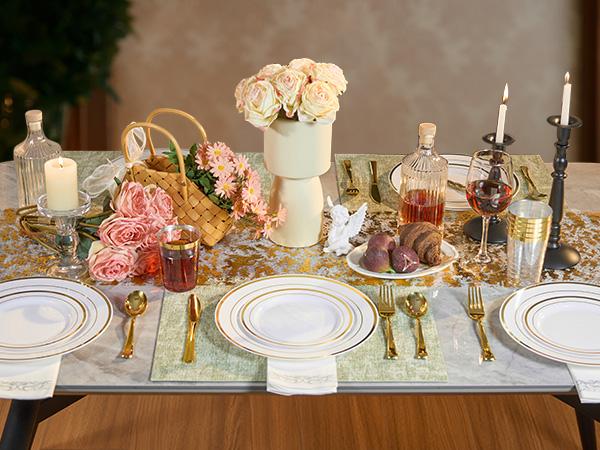 Kerilyn 350/700 Pieces Gold Dinnerware Set - 100 Guests Clear Disposable Dinnerware Set for Party, Wedding, Include: 200 Clear Plates with Gold Trim, 100 Cups, 100 Napkins, 100 Plastic Silverware Sets