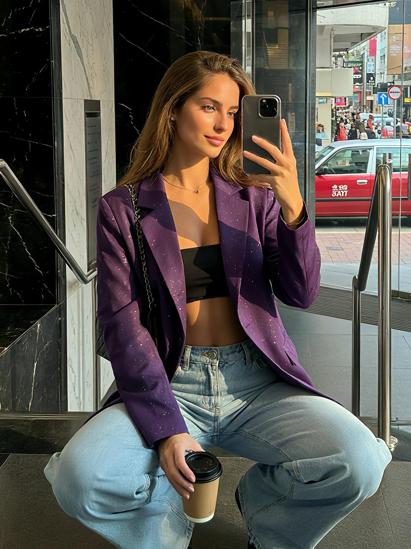 Women's Oversize Lapel Commuter Jacket, Embossed Chic Elegant Loose Fit Design, Spring New Collection, Perfect for Daily Wear