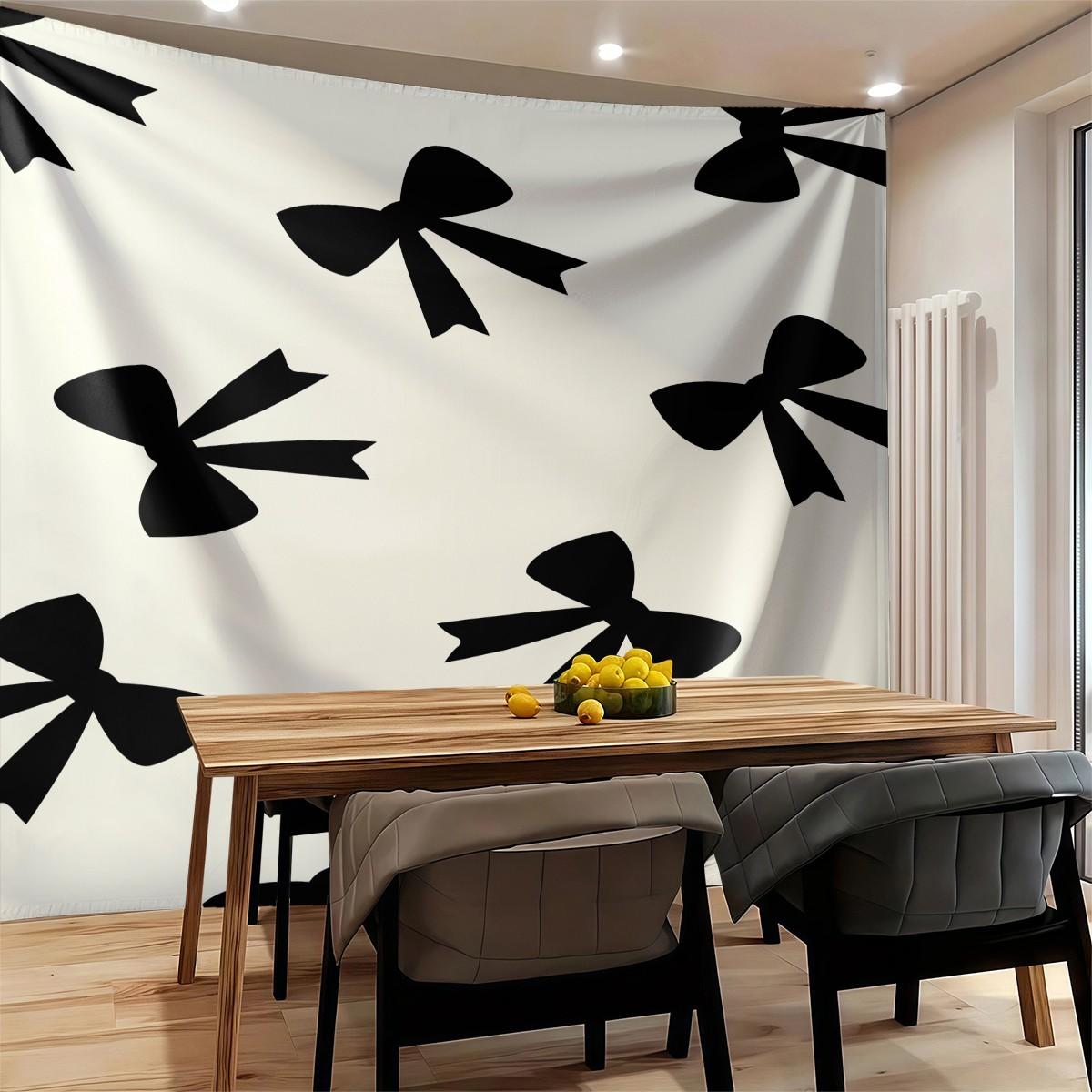 Bow Print Wall Tapestry, Minimalist Bedroom Wall Decor with Heart Accents, Aesthetic Gift for Girls
