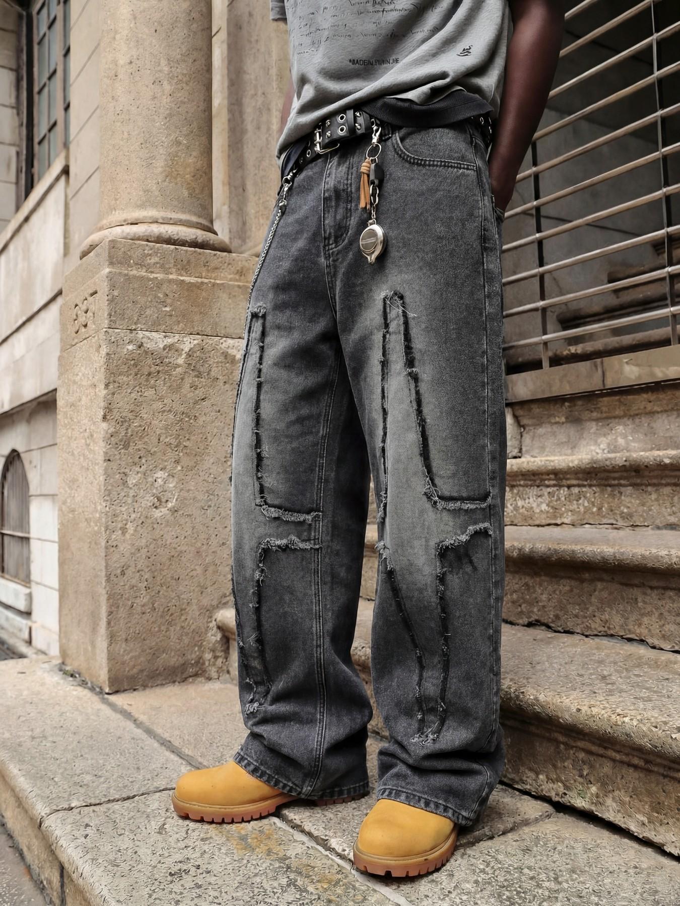 Black and gray loose straight-leg wide-leg jeans, decorated with cross-shaped frayed patches, paired with an overall faded and vintage finish, trendy street-style washed and vintage Y2K denim pants