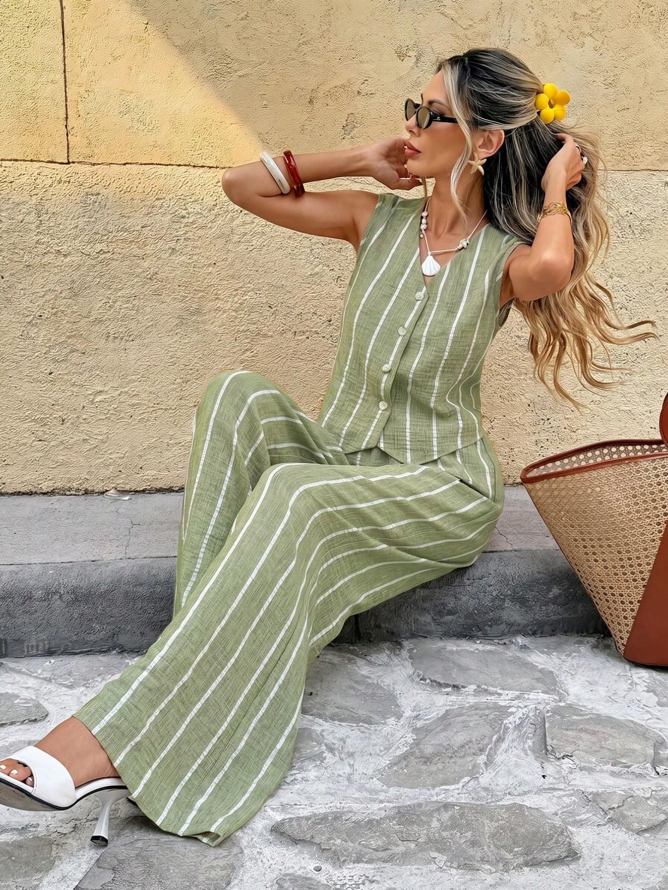 Two-Piece Set | Striped Vest and Wide-Leg Pants | Vintage Casual Chic Vibe | Wrinkle-Resistant No Iron | Comfortable and Stylish Outfit