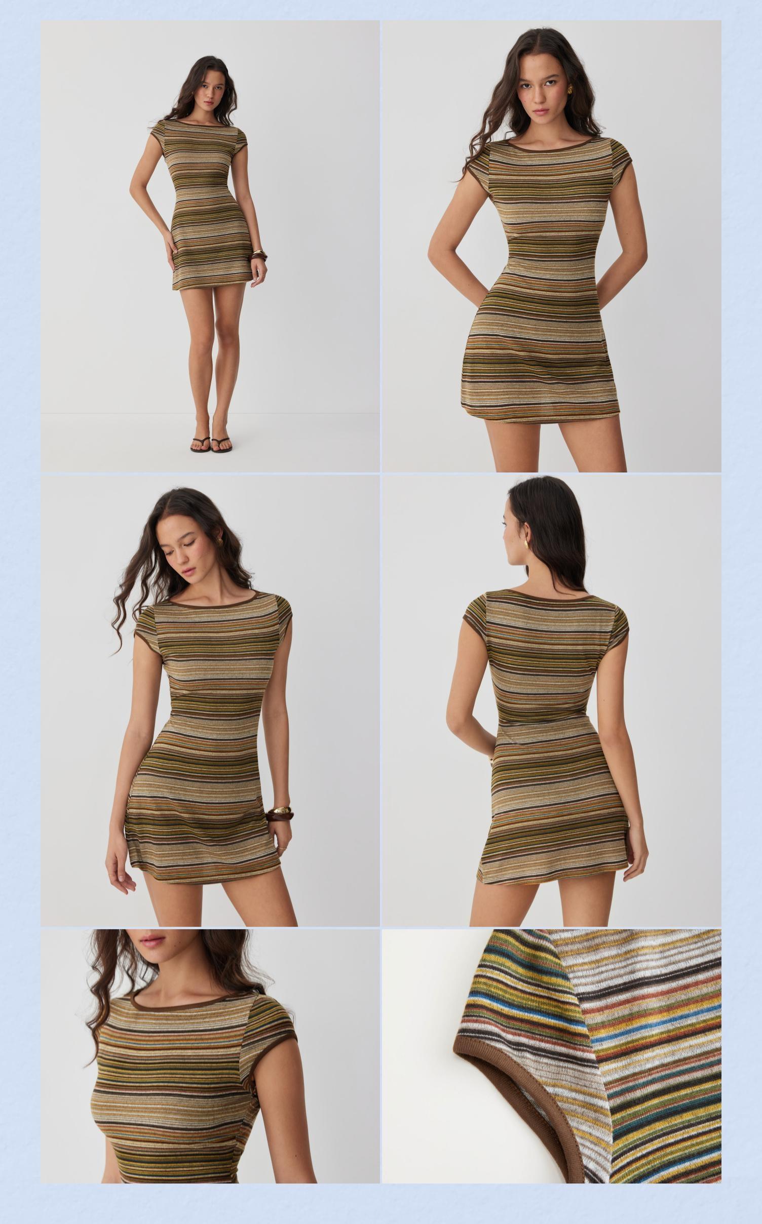Cider High Stretch Textured Striped Boat Neck Short Sleeve Colorblock A-line Mini Dress SohoChic