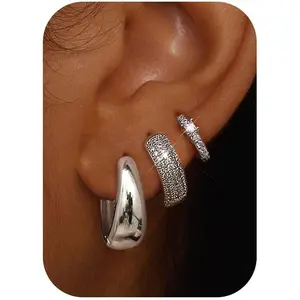Small Gold Plated Chunky Hoop Earrings for Women Hypoallergenic Silver Earrings Set for Sensitive Ears Non Tarnish Huggie Hoops Earring Stacks for Multiple Piercing Jewelry Lightweight 3Pairs
