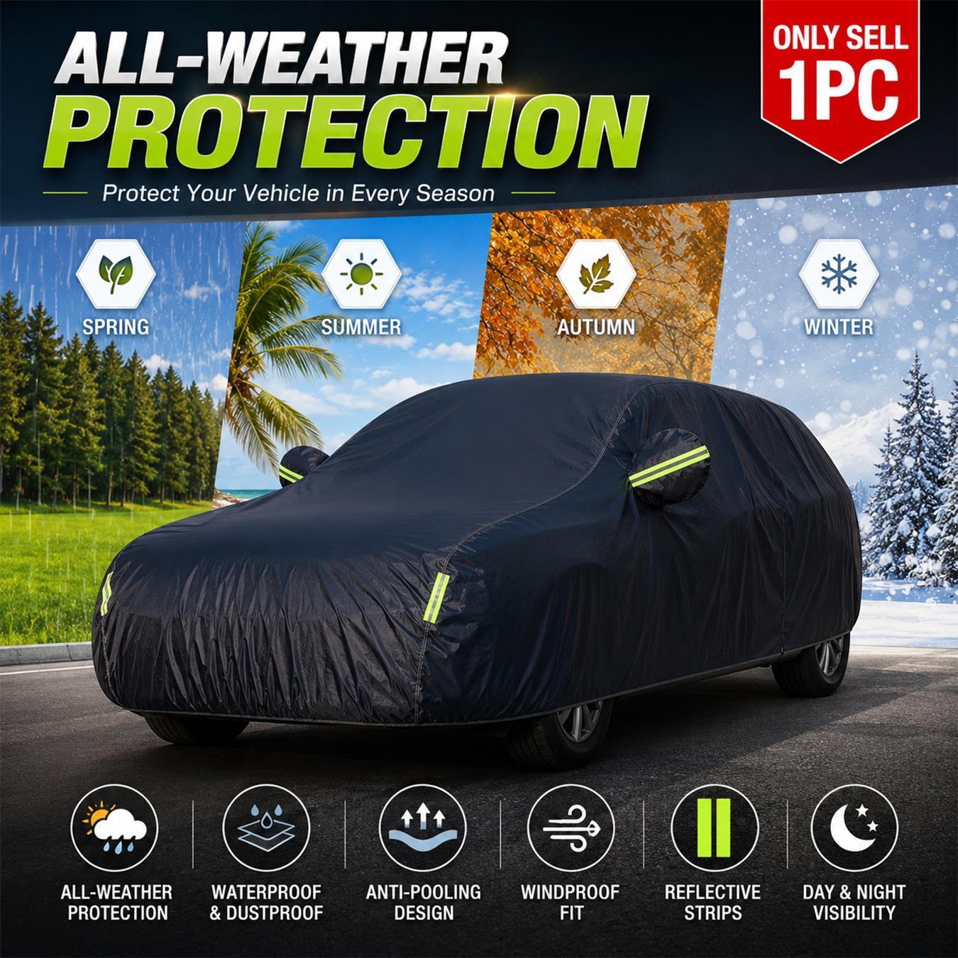 Weatherproof Car Cover with Reflective strip,Outdoor Full Coverage Heavy duty Thick Fabric (190t), Outdoor All Weather Windproof Scratch-Resistant,Heat-Resistant,Fits Various Cars,Dustproof UV protection car cover, Long-Term Outdoor Parking