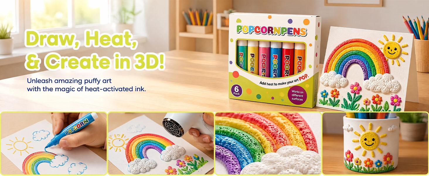 Popcorn Pens, Puffy Popcorn Pens 3d Art, 6 Colors Diy Bubble Popcorn Drawing For Greeting Birthday Cards Kids, 6PCS-1 Box