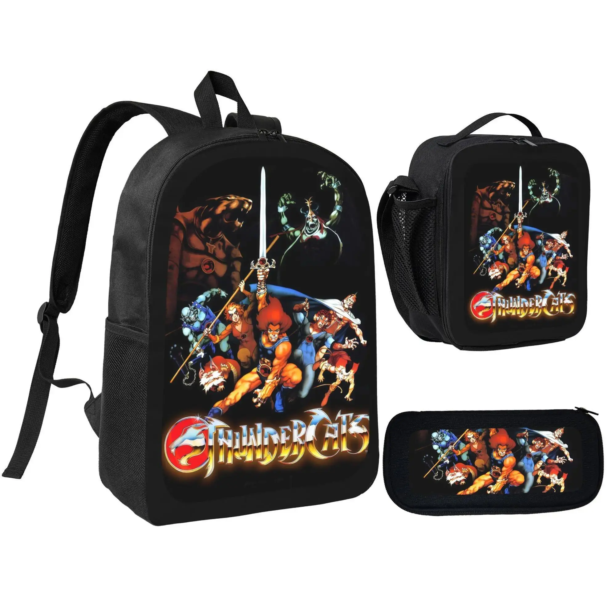 Thundercats 80s Cartoon Inspired Backpack Set, Retro Warrior Cat Graphic School Bag with Lunch Bag & Pencil Case, Cool Backpack for Kids Teens, Fan Gift