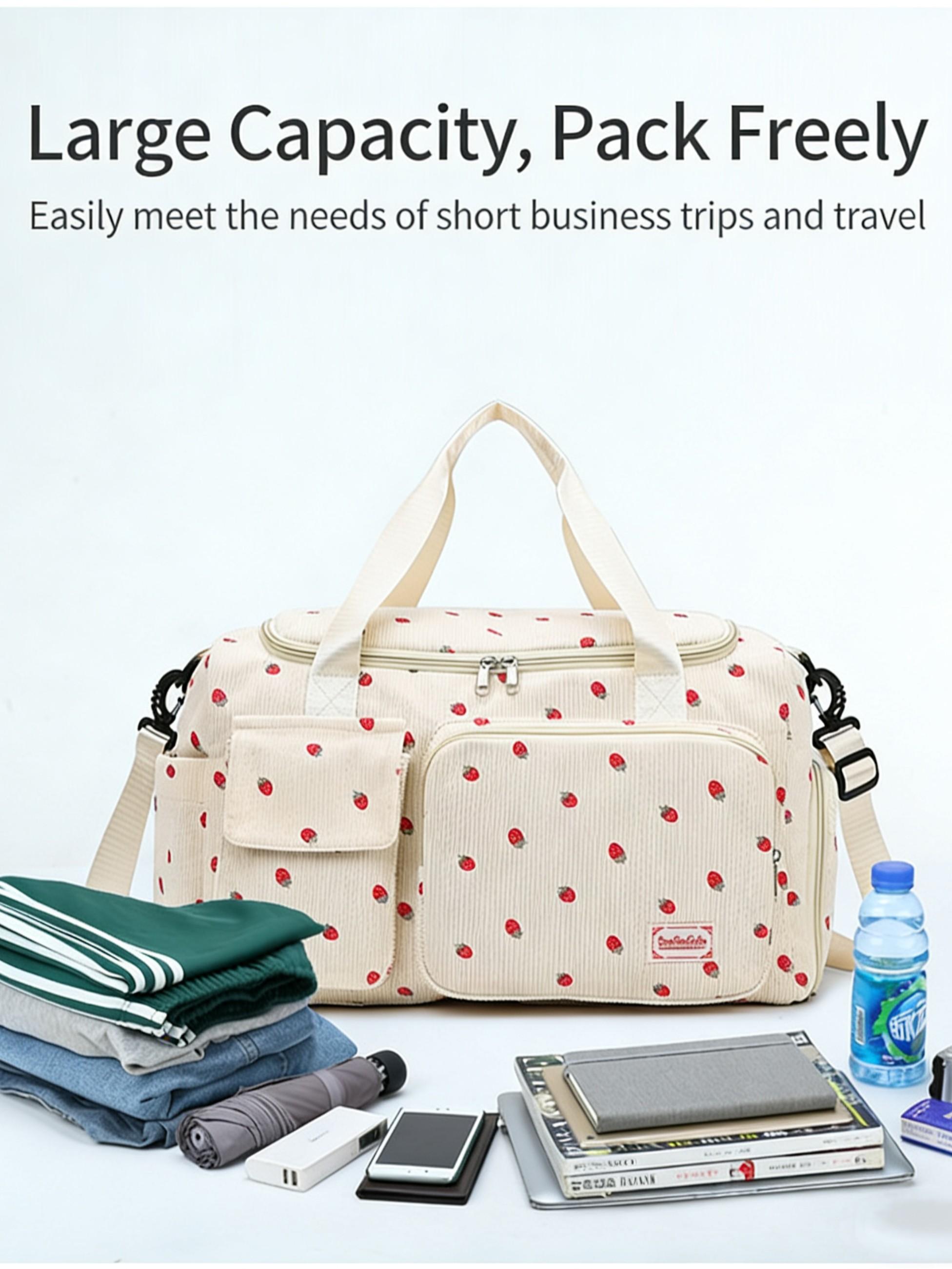 Strawberry Corduroy Handbag, Sweet Cute Style, Multi-Pocket Large Capacity, Crossbody Bag, Girl Short Trip Gym Commute Backpack