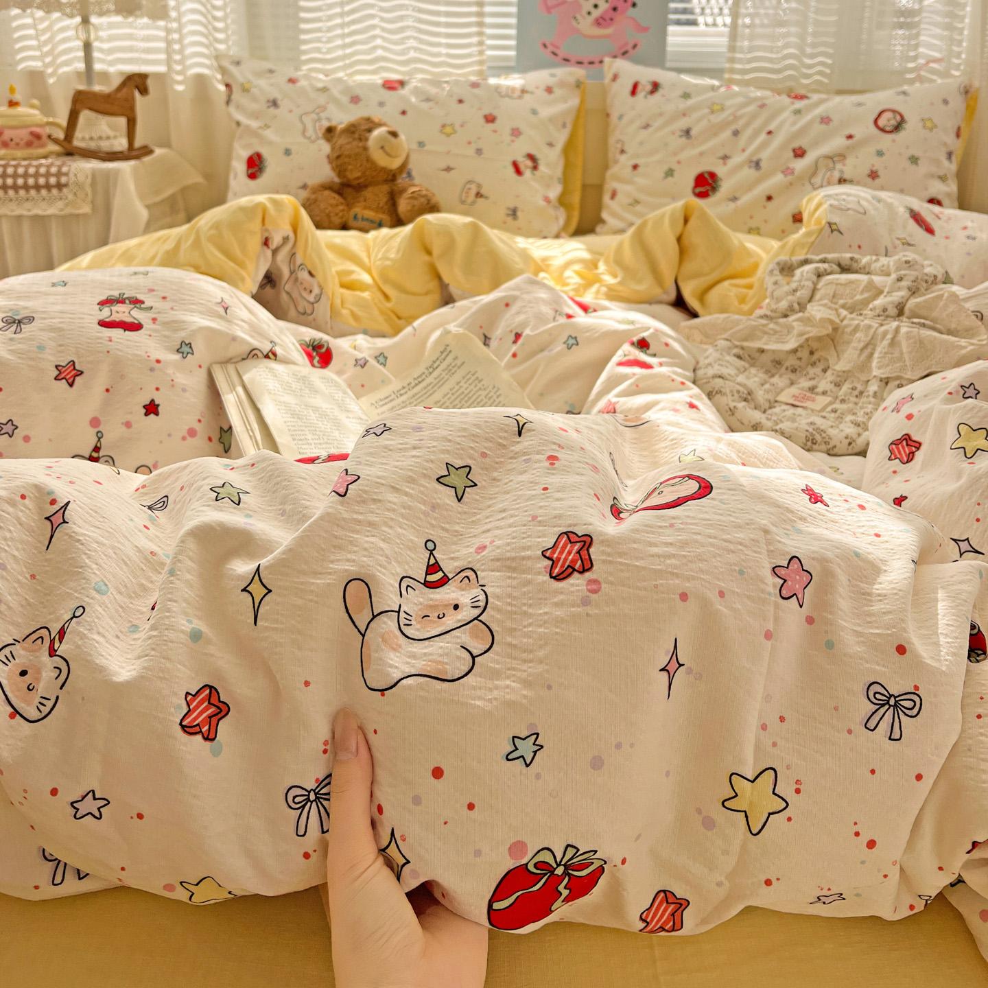 4pcs Double Layer Soft Bedding Set, Cartoon Sheet Set, Single Person Three-Piece, Suitable for Bedroom, Guest Room, Dormitory