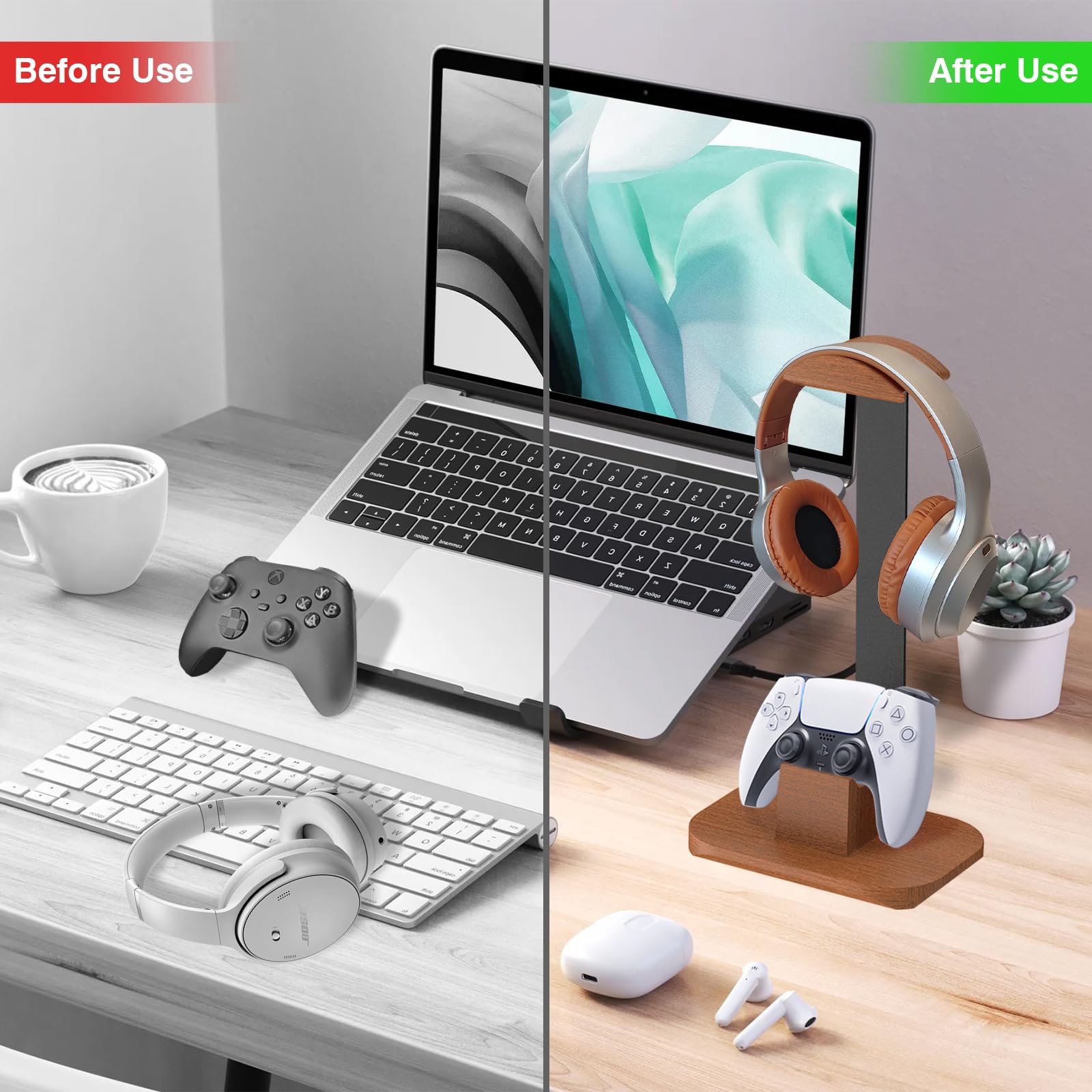 Wooden Game Controller Stand and Headset Holder, Desktop Organizer for Xbox Ps4 Ps5, Perfect Gift for Son Husband Boyfriend