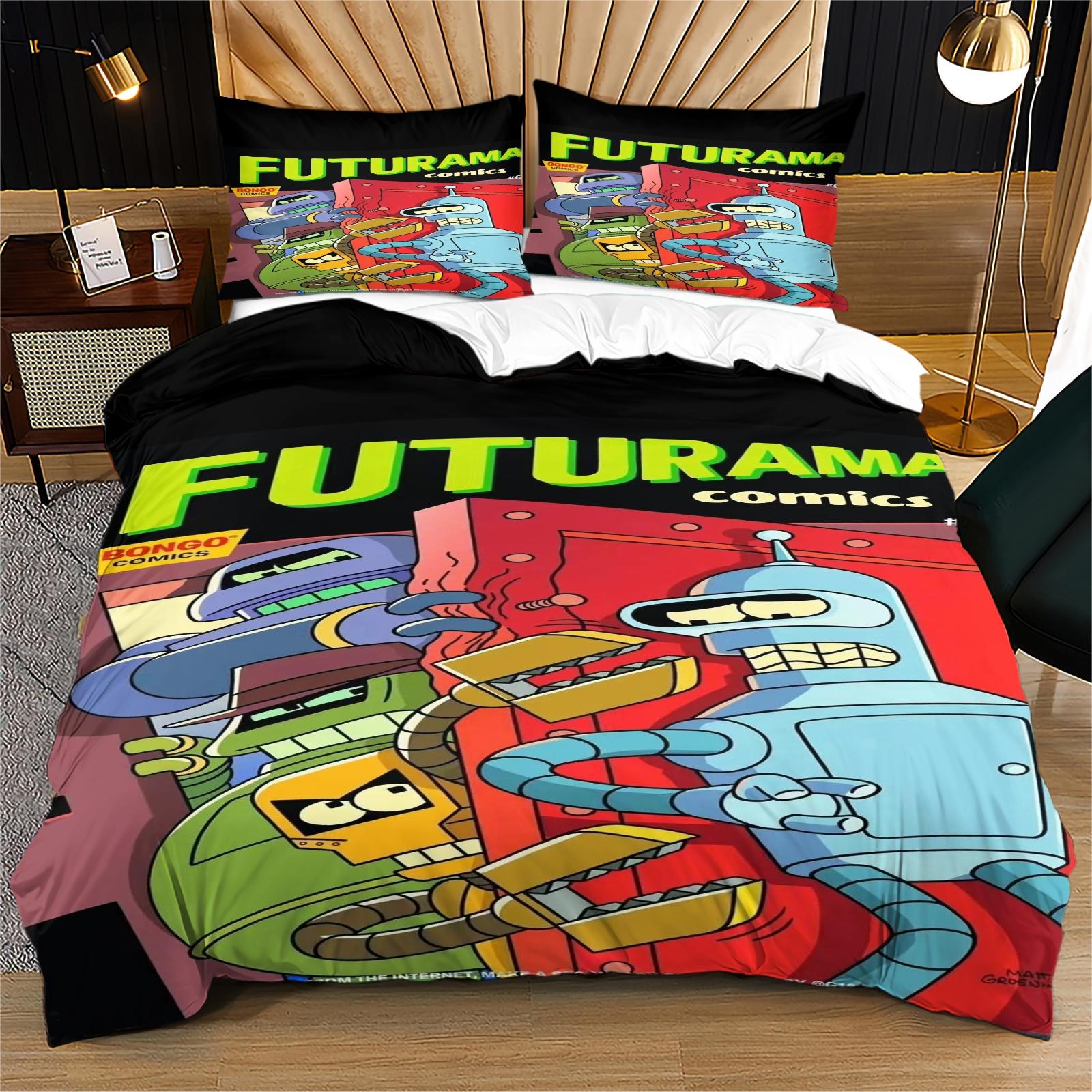 Futurama Cartoon Pattern Bedding Set, Soft Comfortable Durable Bedroom Decor Gift, Includes 1 Fitted Sheet and 1 or 2 Pillowcases, Soft Bedding Sets