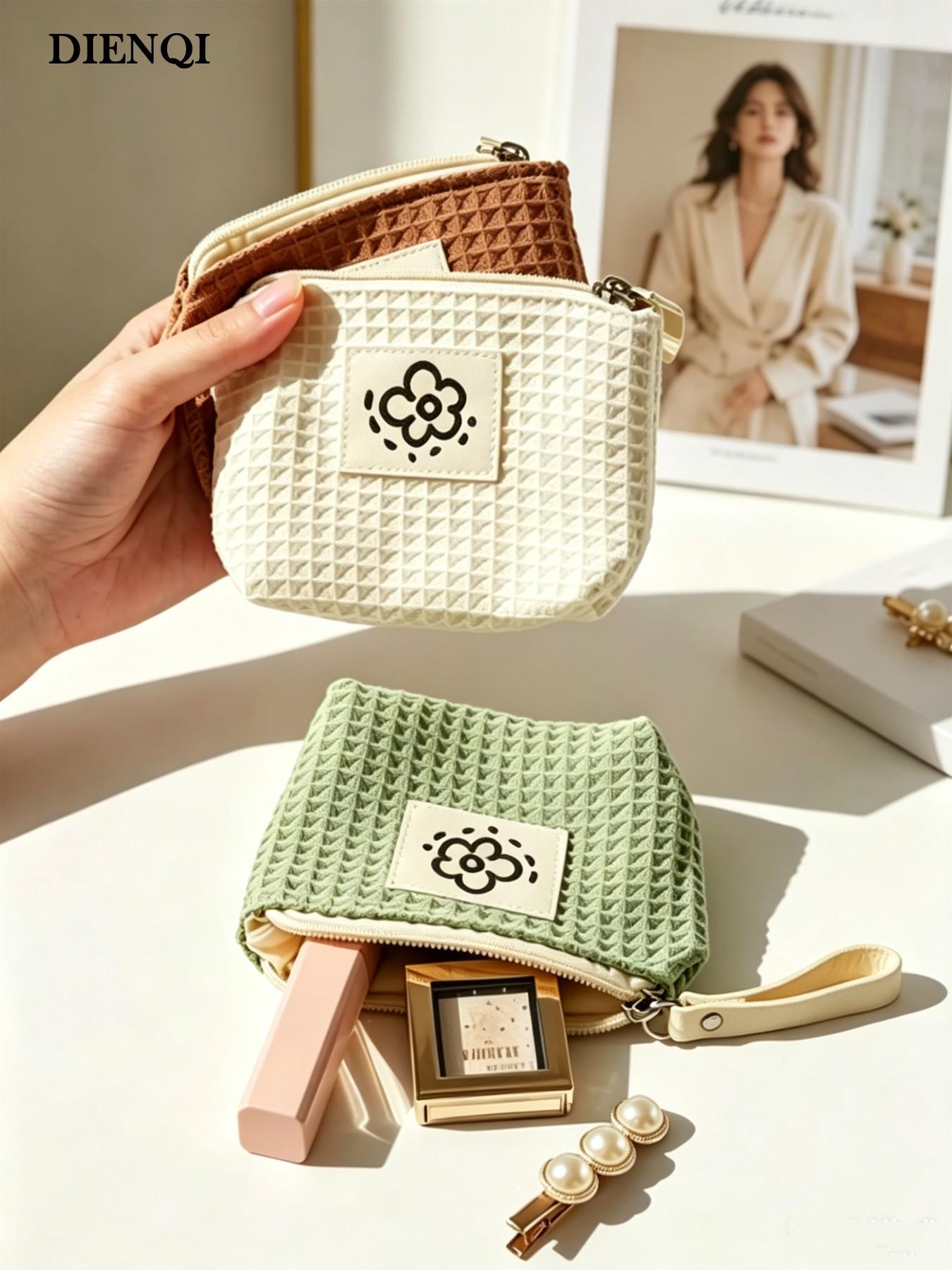 Cute Sunflower Weave Mini Zipper Pouch, Floral Patch Small Cosmetic Bag, Makeup Bags, Portable Coin Purse for Lipstick, Cards & Keys, Soft Cotton Travel Organizer, Travel Essentials Makeup Pouch