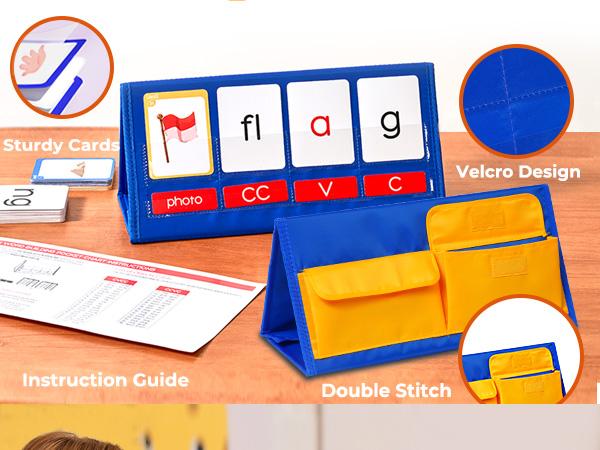 Word Building Desktop Pocket Chart Tent Flash Cards Kit, CVC Words Phonics Games Blending Board for Spelling, Language Learning, Educational Material
