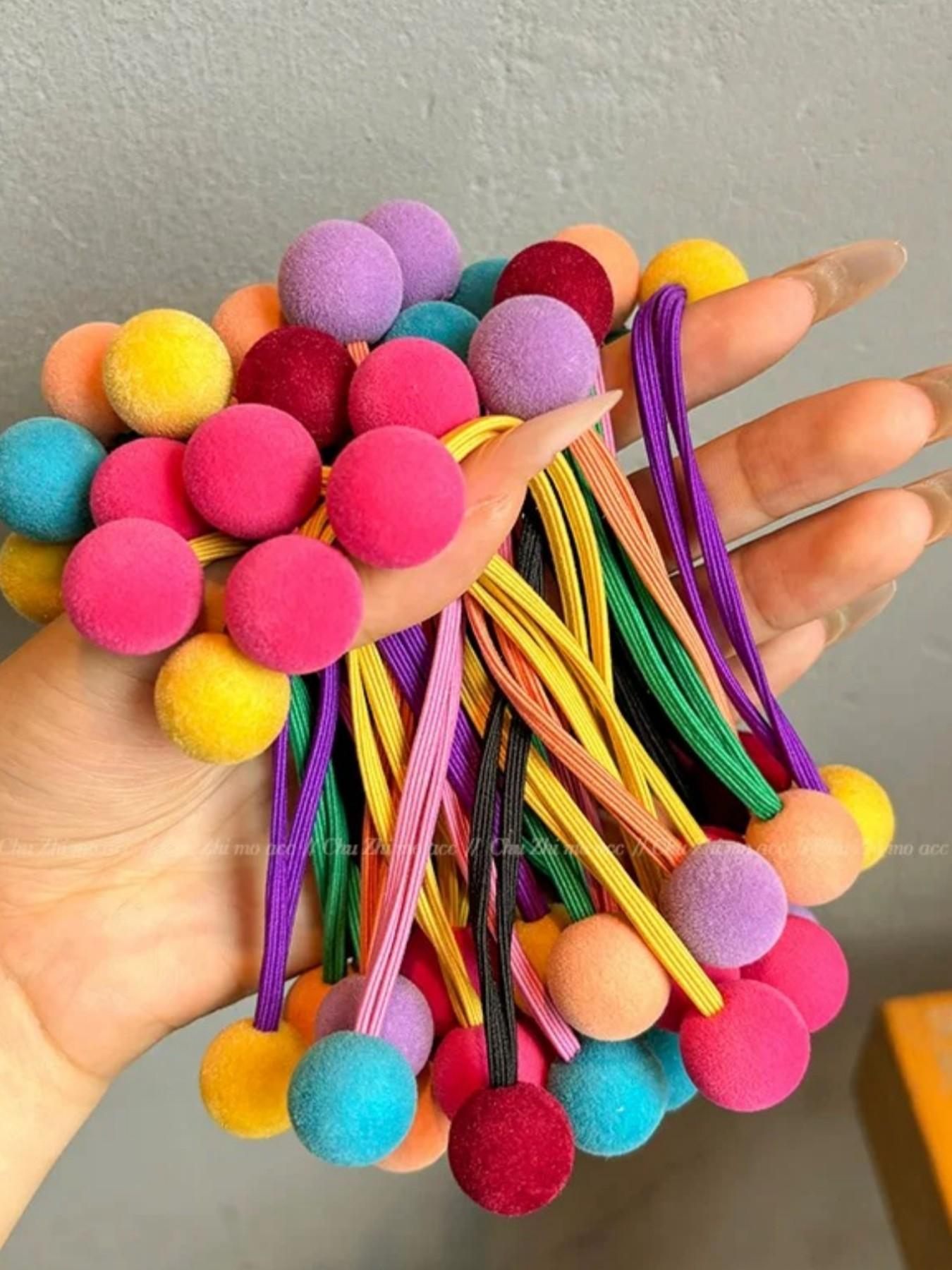 10pcs/Pack Colorful Pom Pom Elastic Hair Scrunchies, Elastic Band Scrunchies, Flocked Candy Color, Non-Damaging, Sturdy For Everyday Use, Autumn/Winter Hair Ties, No Damage Hair Ties, Hair Accessories Set