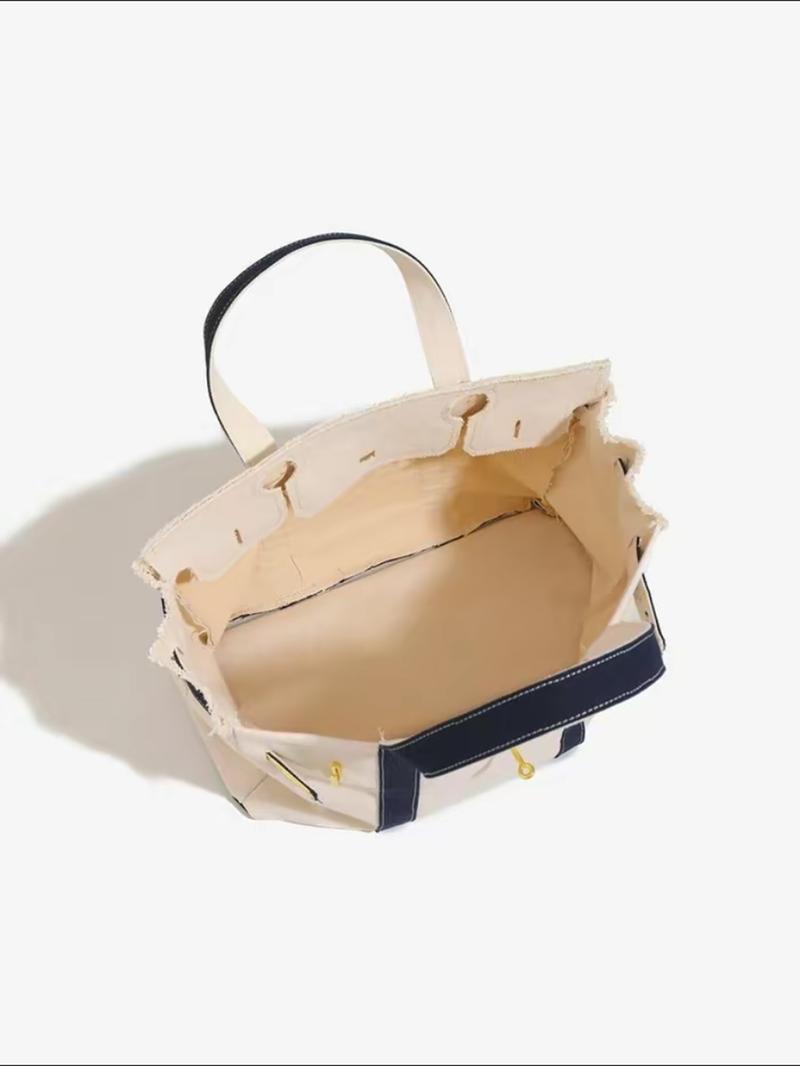 High-End Canvas Bag with Unique Design, Colorblock Handbag, Large Capacity Commuter Bag, Versatile Everyday Use