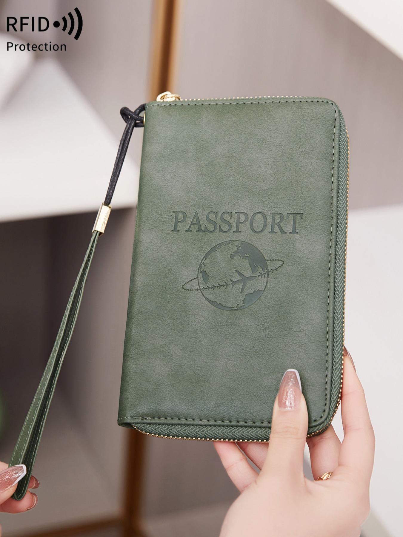 Letter Pattern Embossed Passport Holder, Summer 2025 New Arrival Multi-functional Portable Airplane Pattern Ticket Clip, Pu Leather Credit Card Travel Zipper Wallet with Wrist Strap, Travel Essential