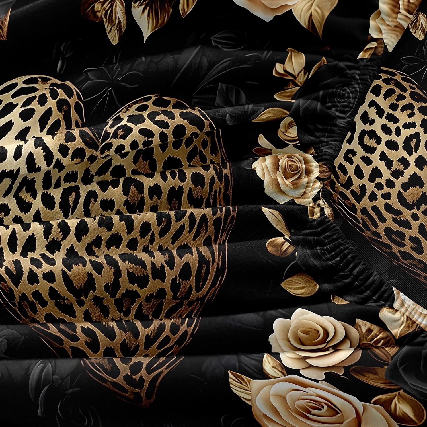 3Pcs Leopard Print Heart Rose Fitted Sheet Set, Soft Microfiber Deep Pocket Non-Slip Bed Sheet with 2 Pillowcases, Luxury Aesthetic Bedding Set for Bedroom Decor