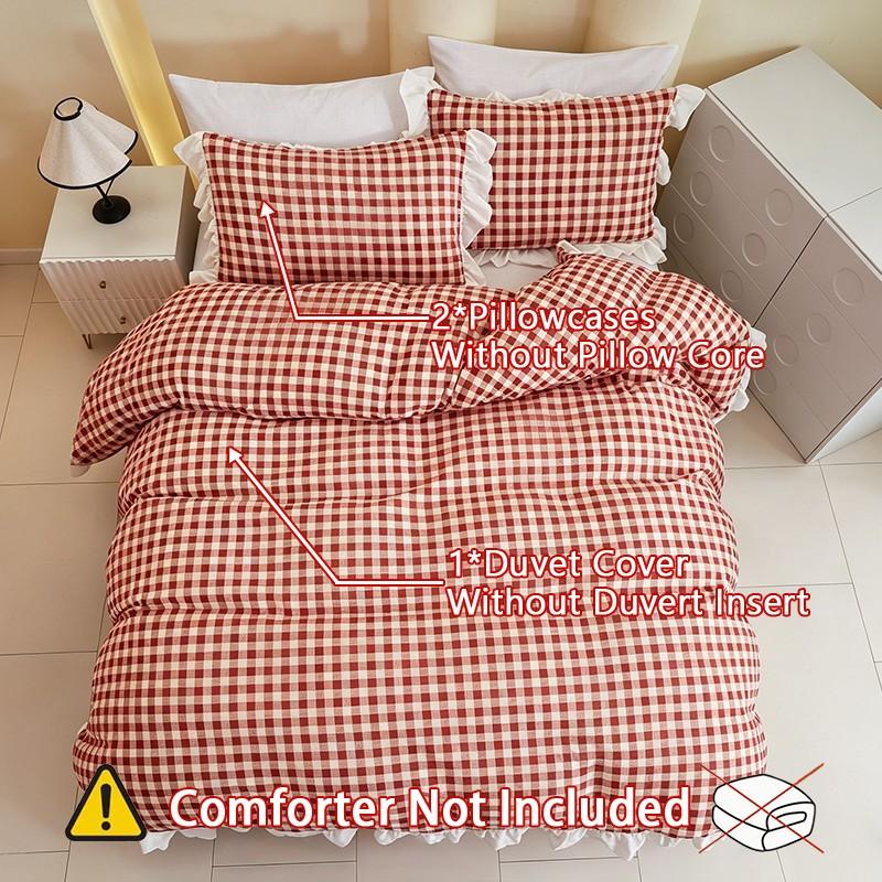 3Pcs Pink Orange Plaid Bedding Set with Ruffle Design, 1 Duvet Cover + 2 Pillowcases, No Filler, Soft Comfortable Fabric for Bedroom Decor