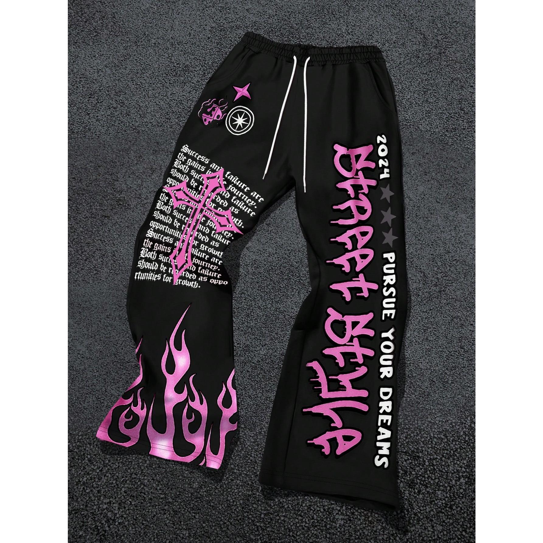 Y2k Graphic Letter Print Flare Sweatpants Drawstring Streetwear Goth Pants with Pockets