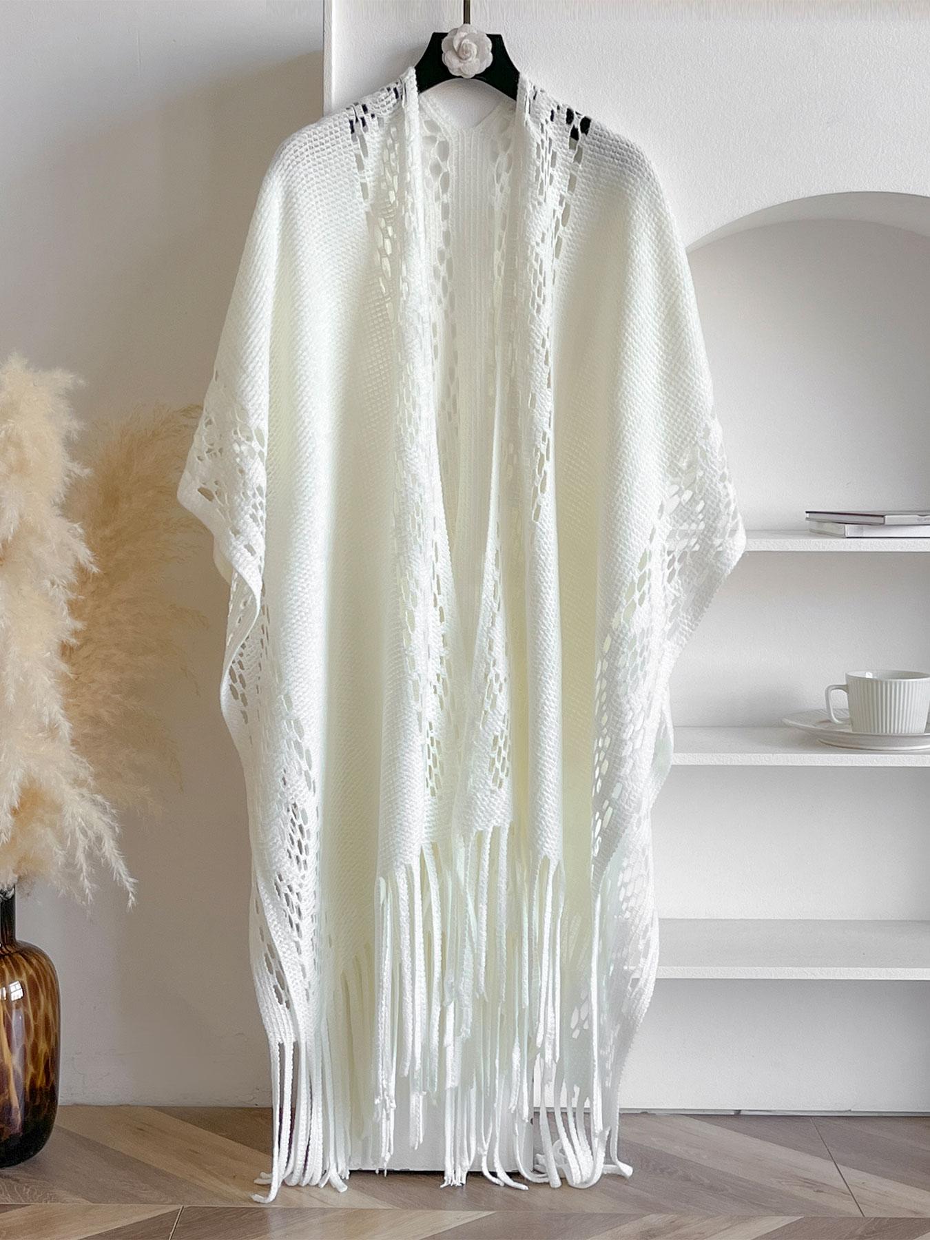 Women's Solid Color Hollow Out Fringe Trim Cape Shawl, Casual Elegant Shawl for Daily Wear, Fashion Accessories for Women & Girls, Clothes