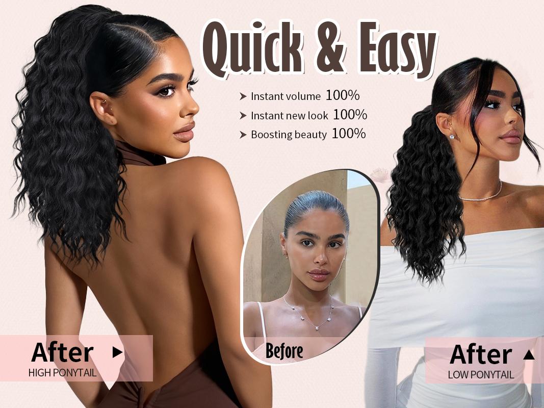 HIUSVO Drawstring Ponytail Extension 18Inch Wavy Curly Ponytail for Women Fluffy Pony Tails Hair Extensions Synthetic Hairpiece for Daily Use