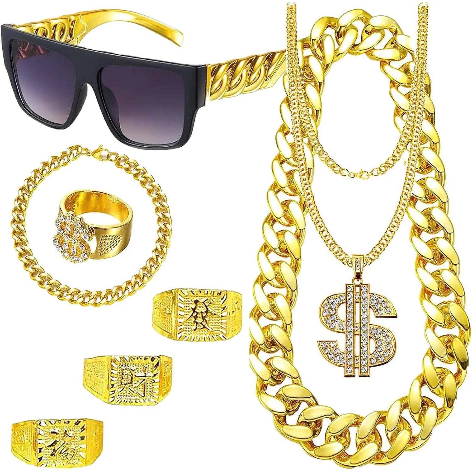 80s 90's  hop   chain  chains costume , Includes big chain,  ring/bracelet,  glasses Halloween Carnival Party Decorations
