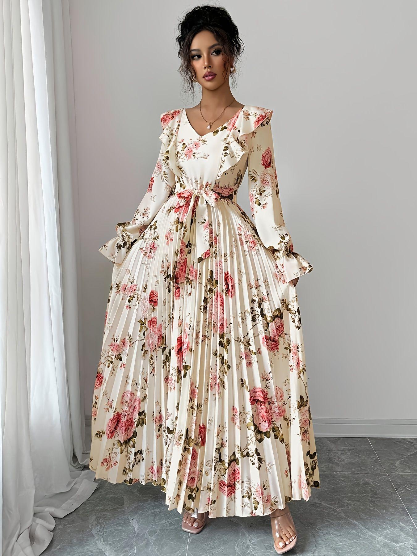 Elegant cross-border French vintage rose print long dress with a waist-cinching design that accentuates a slim figure, featuring a V-neck, ruffled long sleeves, and a pleated large hem skirt