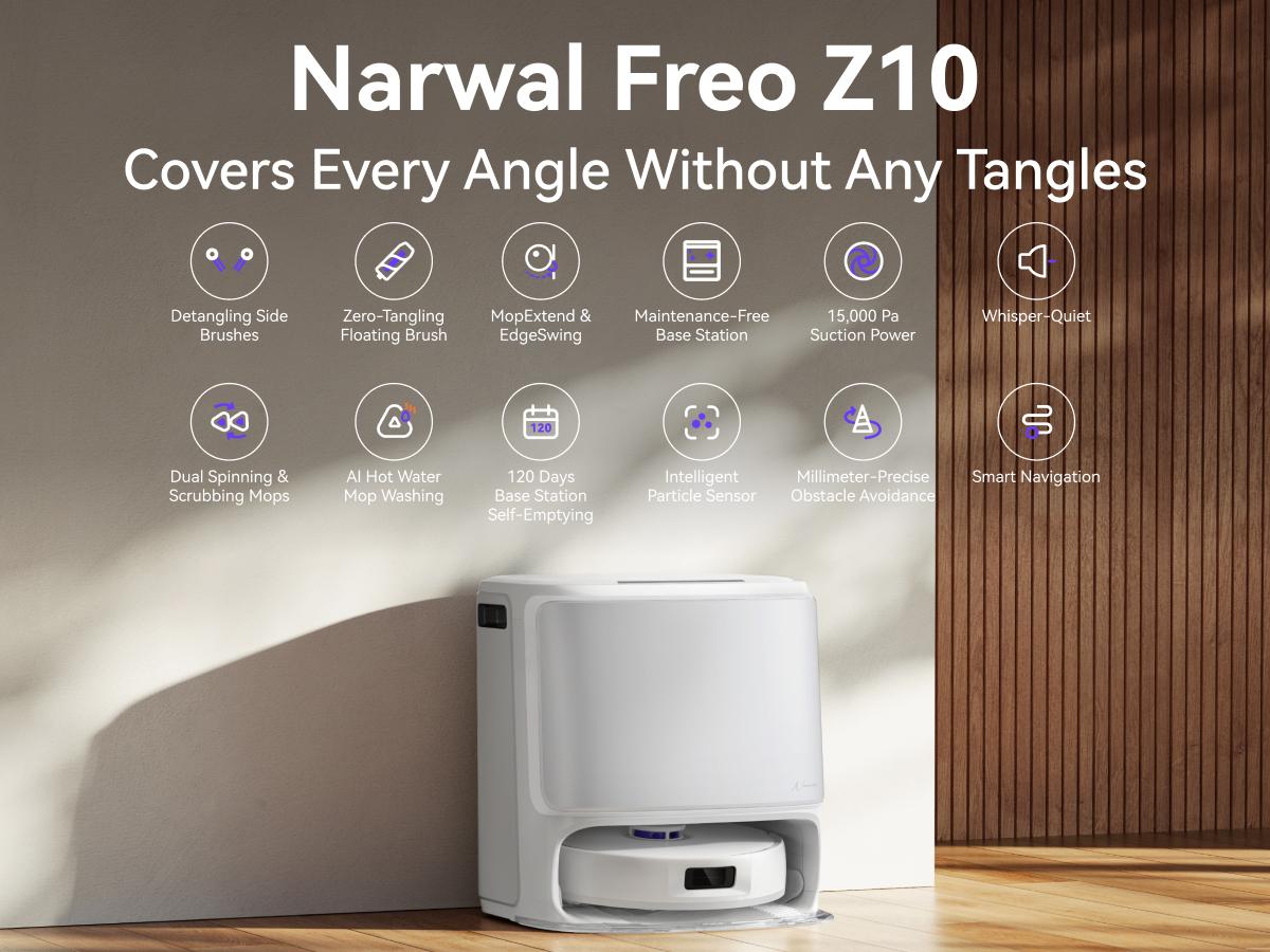 NARWAL Freo Z10 Robot Vacuum and Mop Combo, Tangle Free Robot Mop, 15,000Pa Suction, Adapts to Hard-to-Reach Areas, Self-Emptying, Mop Washing & Drying, Obstacle Avoidance, for Pet Hair & Hard Floor NARWAL Freo Z10 Robot Vacuum and Mop Combo, Tangle Free Robot Mop, 15,000Pa Suction, Adapts to Hard-to-Reach Areas, Self-Emptying, Mop Washing & Drying, Obstacle Avoidance, for Pet Hair & Hard Floor