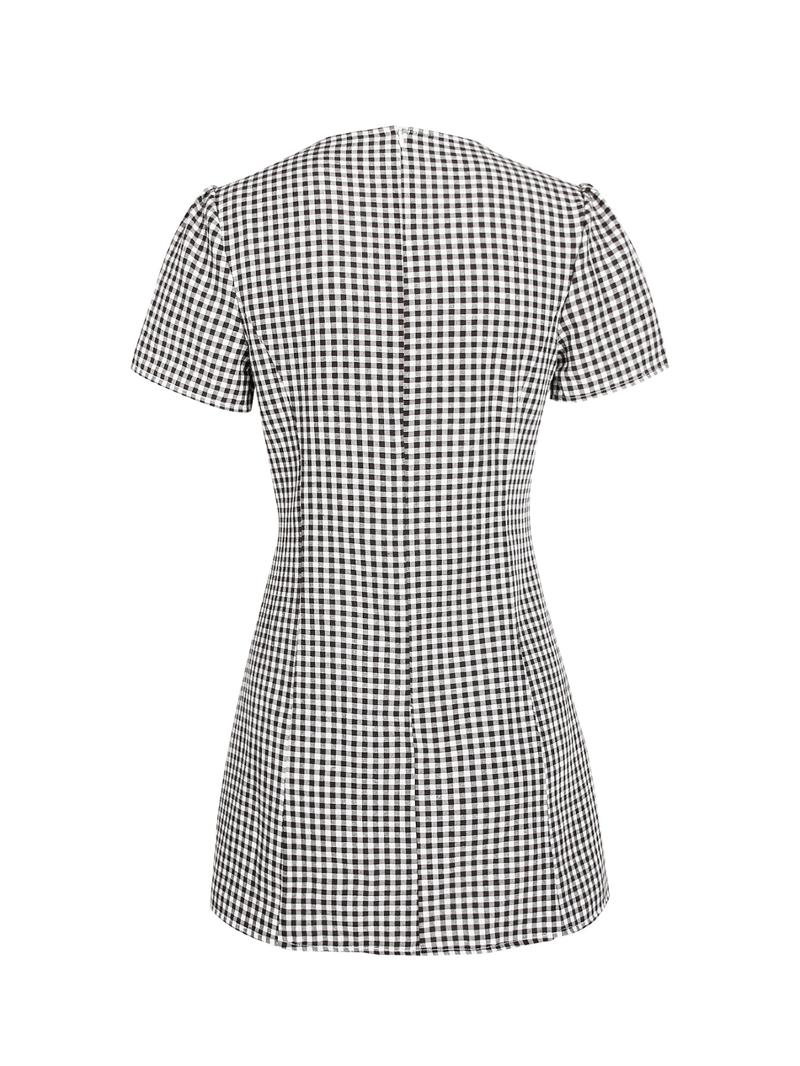 Women's Plaid Print Button Decor V Neck Dress Casual Fashion Short Sleeve Dress for Daily Outdoor Wear Ladies Clothes for All Seasons Sexy Shirt Mini Dress