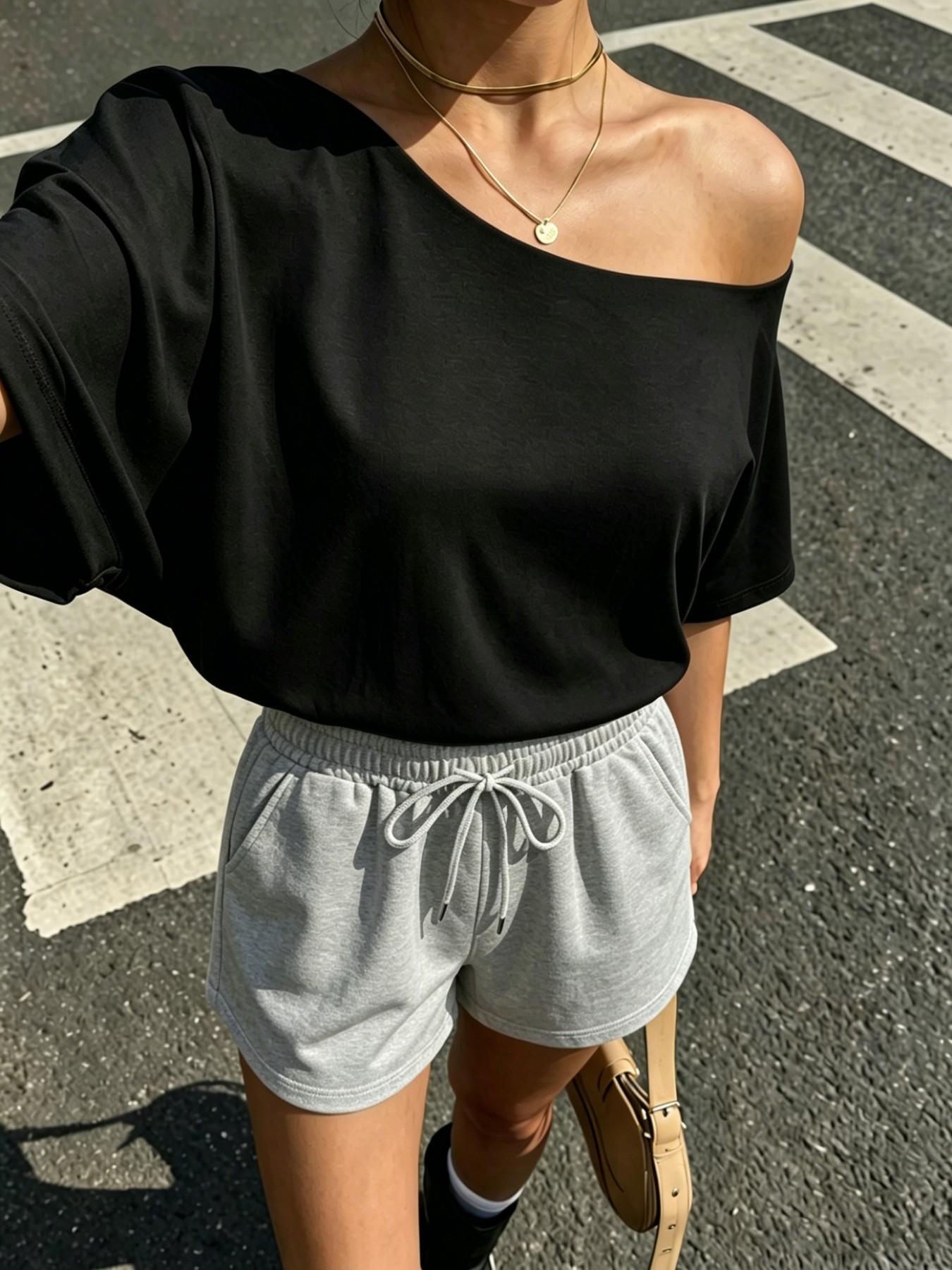 Women's 2-Piece Set, Off-Shoulder Loose Short Sleeve Top & Adjustable Drawstring Shorts, Summer Plain Casual Sporty, Versatile for Various Occasions, Outfit, Clothes