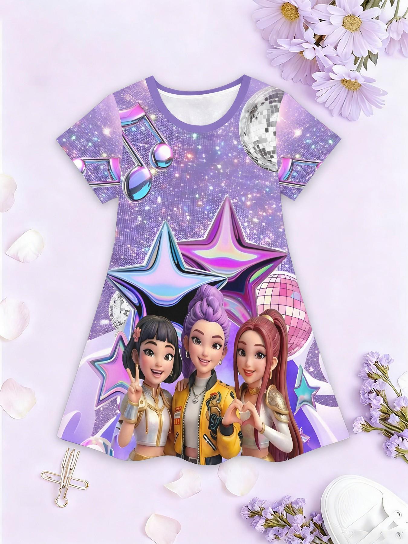 Trendy Girls' Kpop Witch Group Print Dress, Kids Disco Star Casual Short Sleeve Skirt, Birthday Gift, Festival Gift