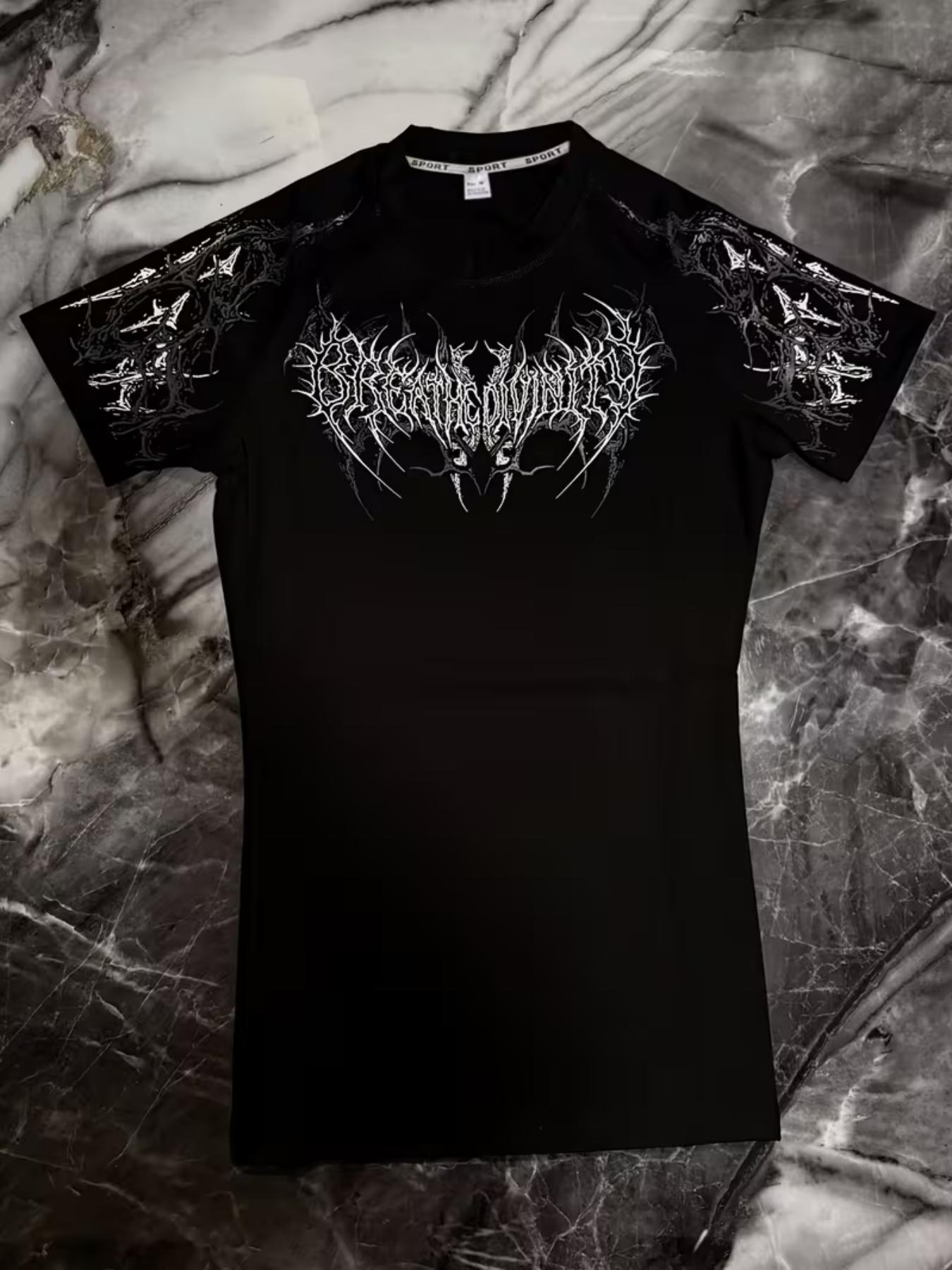 New Men's Trendy Fitted Sports Shirt, Gothic Print Quick-Dry Compression Fitness Top, Short Sleeve Long Clothing, Sporty Geometric Pattern