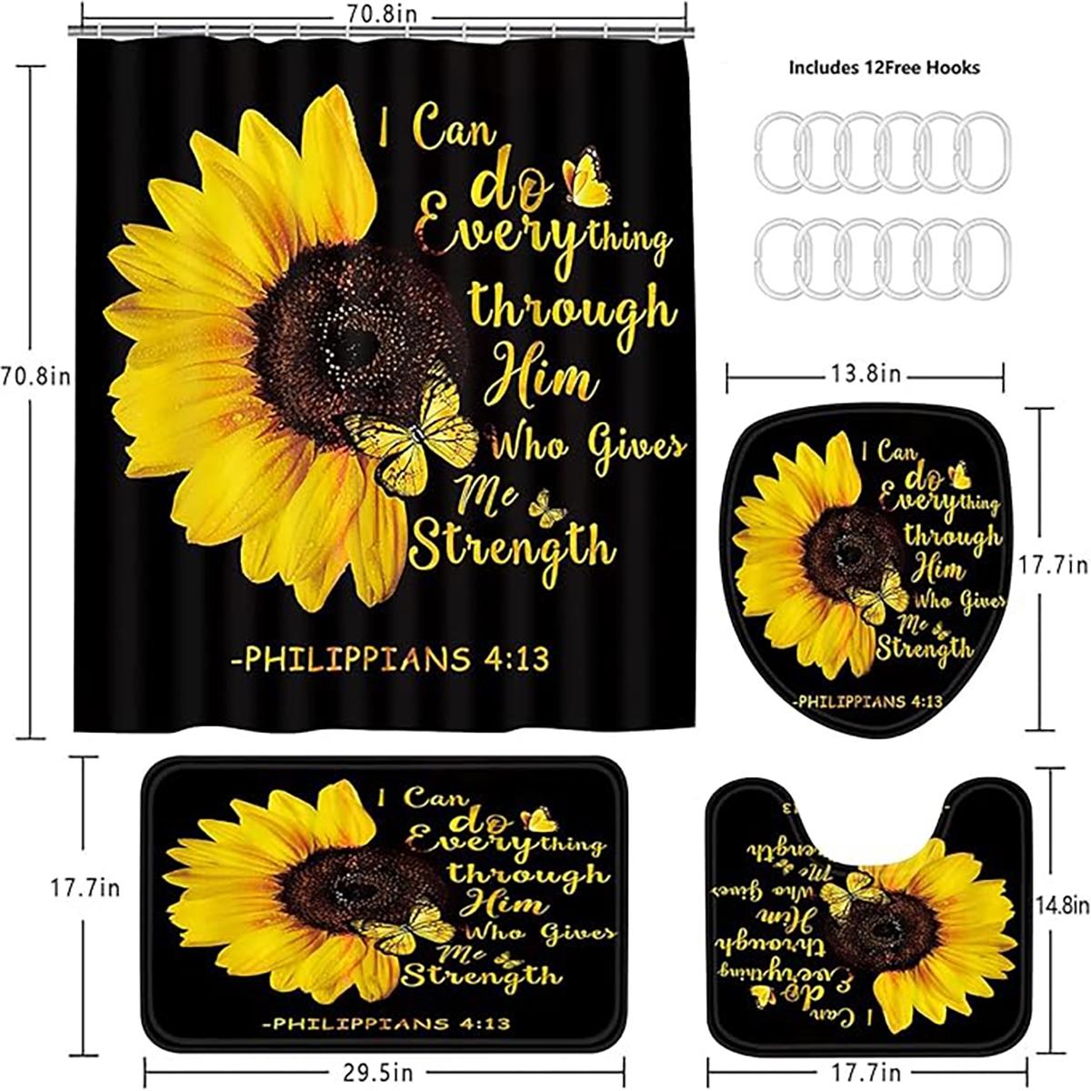 1/4pcs Sunflower Inspirational Quotes Themed Shower Curtain Set, includes a non-slip mat, U-shaped rug, and toilet seat cover. Perfect for bathroom decoration, partitioning, and beautifying the space. Comes with 12 shower curtain hooks. Shower Essentials