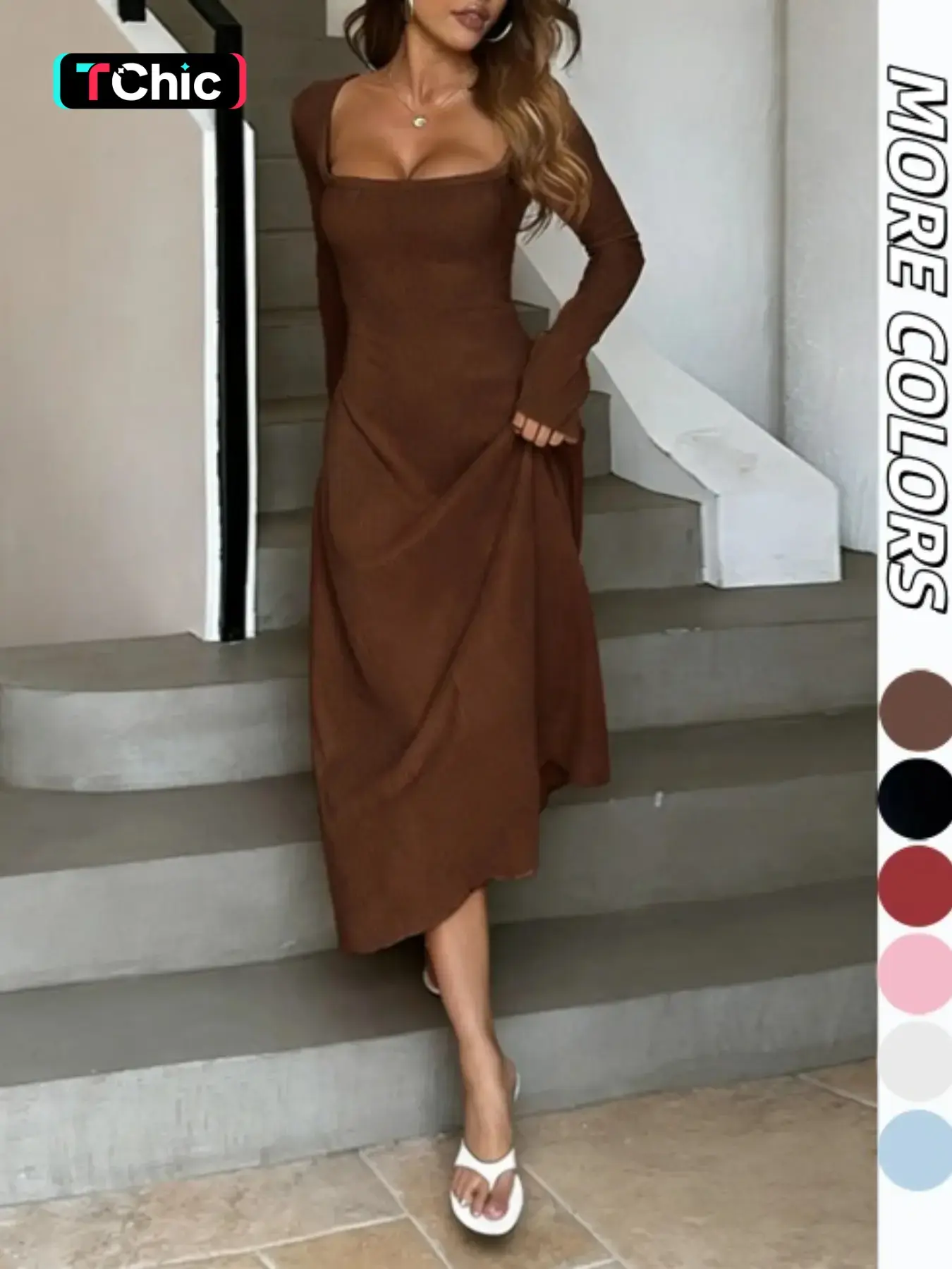 Women's Plain Lace Up Tie Back Flounce Sleeve Dress, 1 Count Chic Elegant Aesthetic Fit Square Neck Long Sleeve A Line Formal Wear Dress for Party Holiday Wedding Guest, Ladies Spring&Fall Clothes Piece
