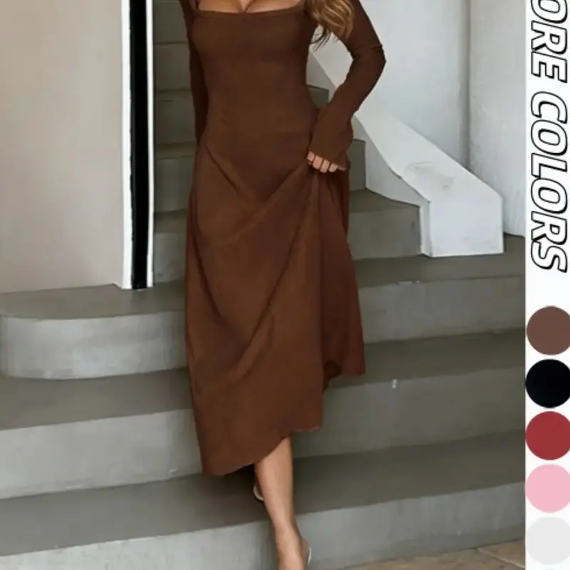 【Black Friday】Women's Plain Lace Up Tie Back Flounce Sleeve Dress, Chic Elegant Square Neck Long Sleeve A-Line Dress, Formal Wear, Aesthetic Slim-Fit Dress for Parties, Holidays and Weddings, Ladies Spring & Fall Clothes #GLOBAL PICKS