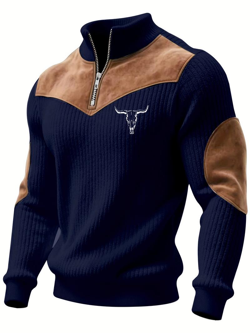 Men's Stand Collar Pullover Sweater, Autumn Winter Warm Half Zip Cow Head Print Patchwork Ribbed Vintage Streetwear