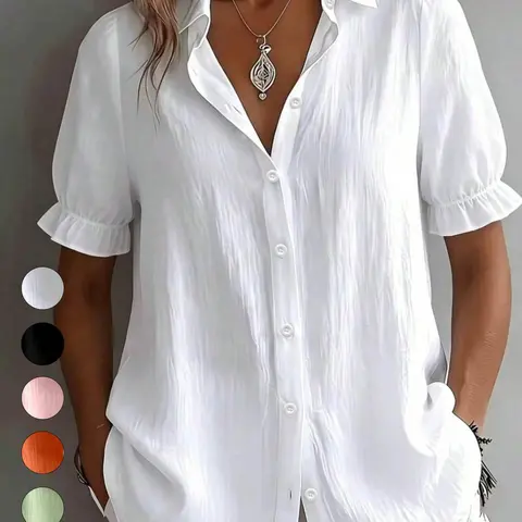 Plus Size Ruched Short-Sleeve Collared Blouse Casual Button-Detail Ruffled Cuff Loose Fit Shirt, Trendy Minimalist Tops, Casual Everyday Tops, Comfortable Relaxed Fit Casual Ensembles, Stylish Classic Detail Party Casual Wear
